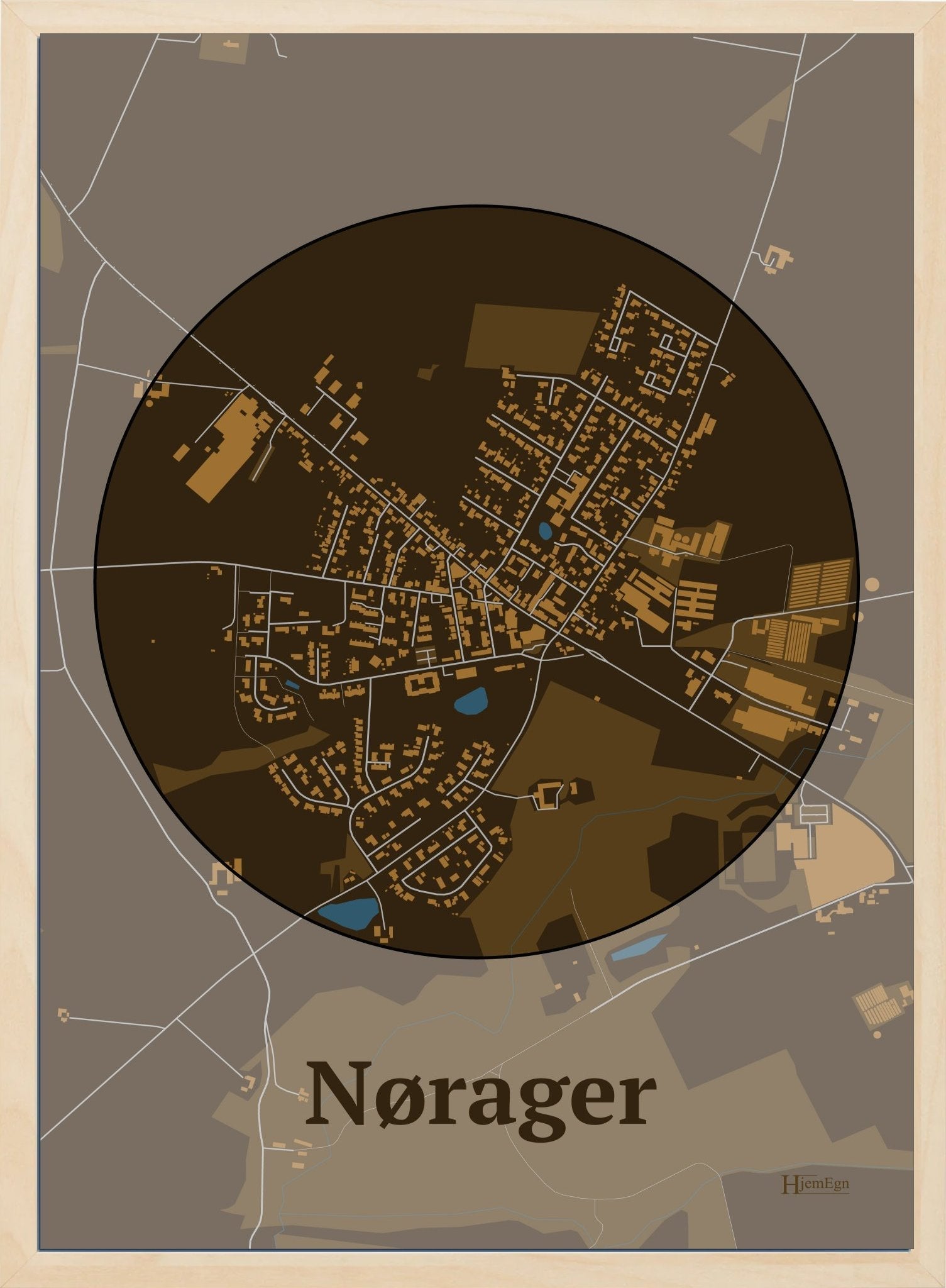 Nørager plakat i farve mørk brun og HjemEgn.dk design centrum. Design bykort for Nørager