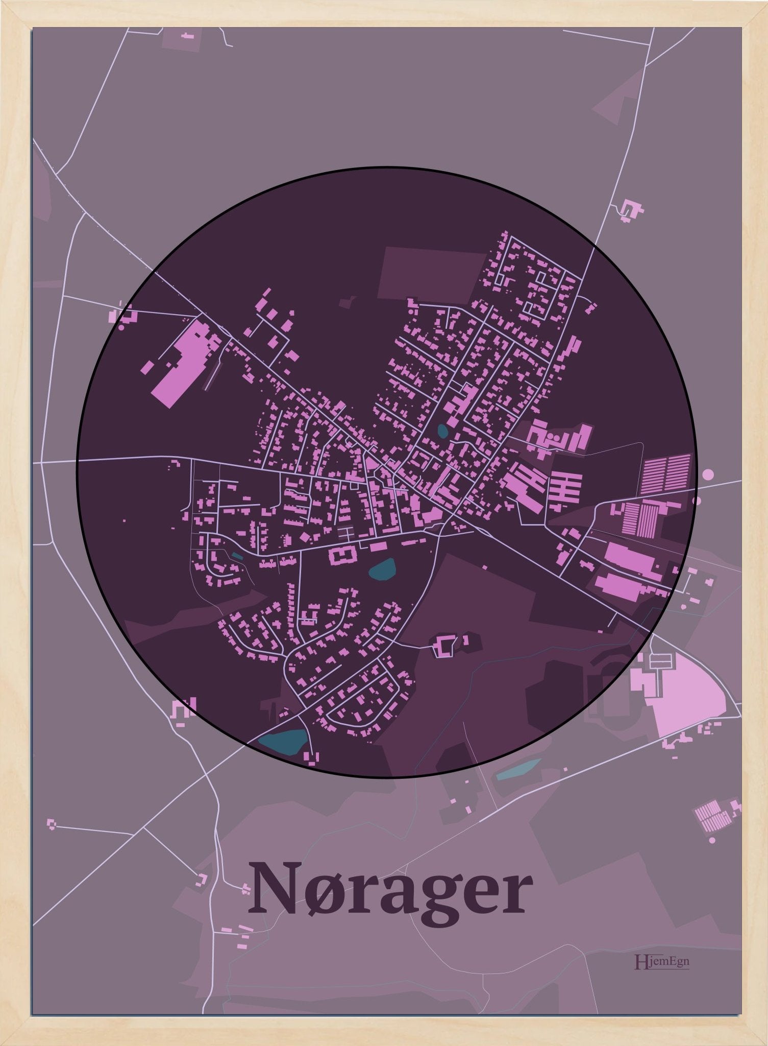 Nørager plakat i farve mørk rød og HjemEgn.dk design centrum. Design bykort for Nørager