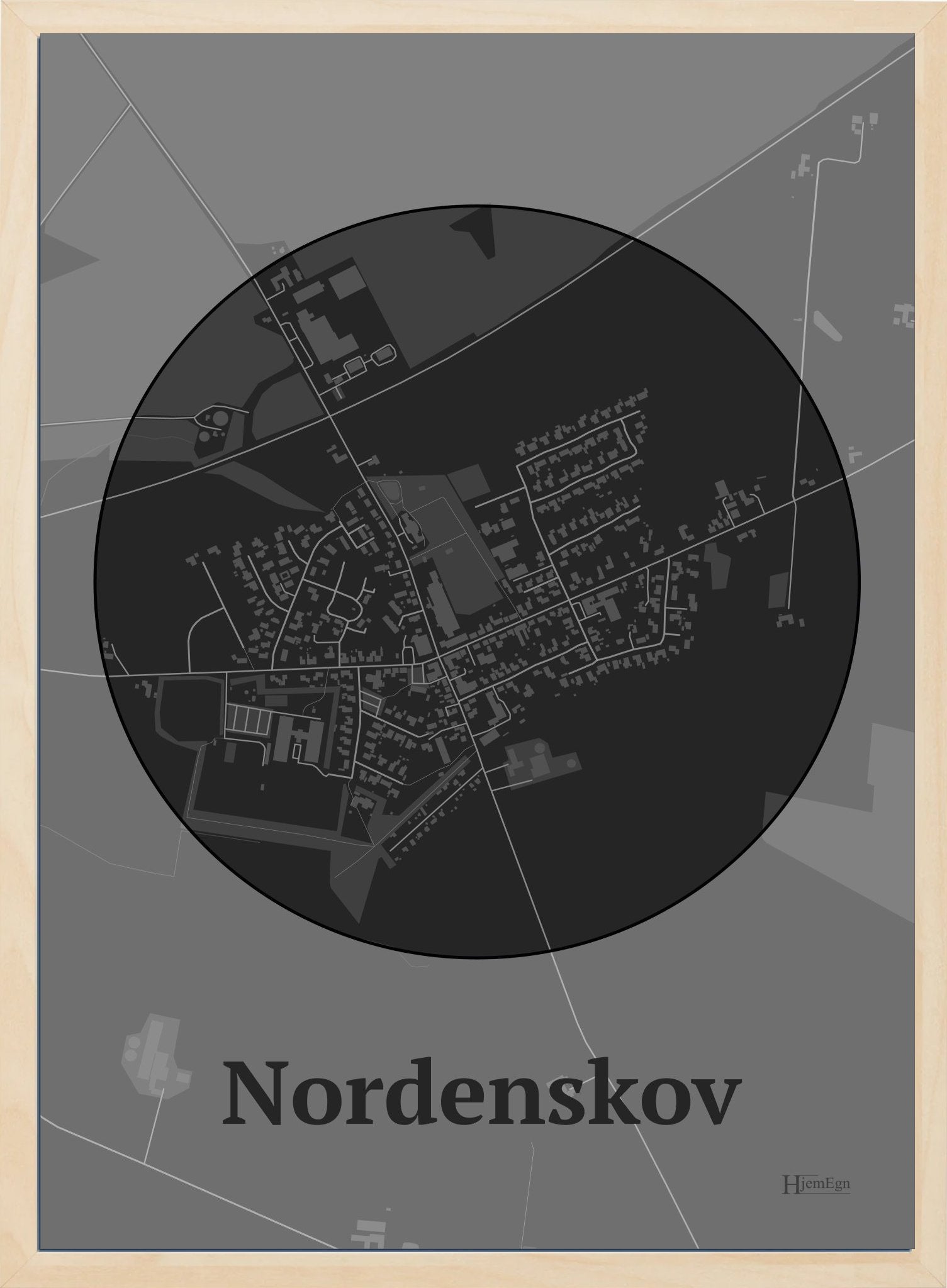 Nordenskov plakat i farve mørk grå og HjemEgn.dk design centrum. Design bykort for Nordenskov