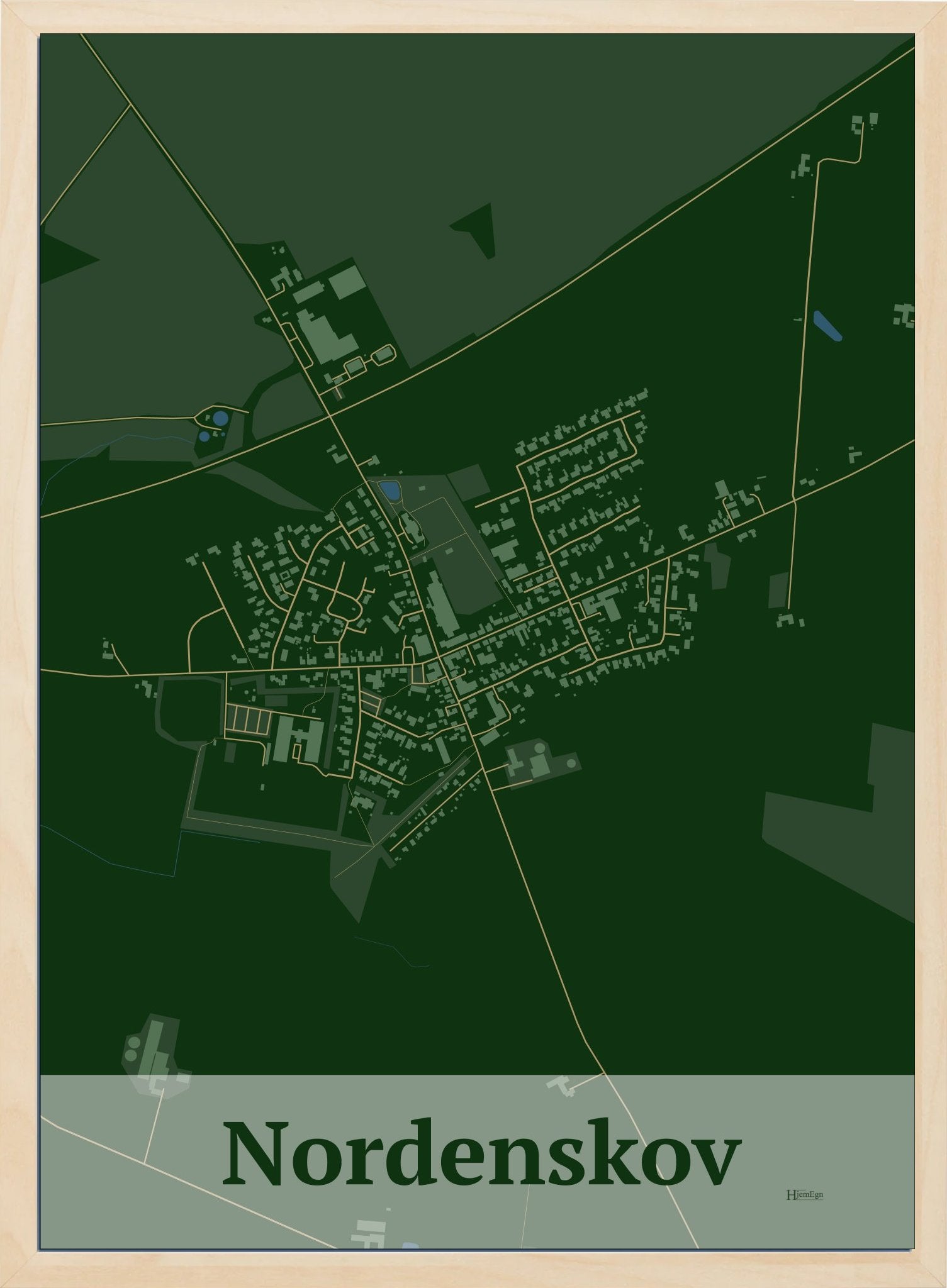 Nordenskov plakat i farve mørk grøn og HjemEgn.dk design firkantet. Design bykort for Nordenskov