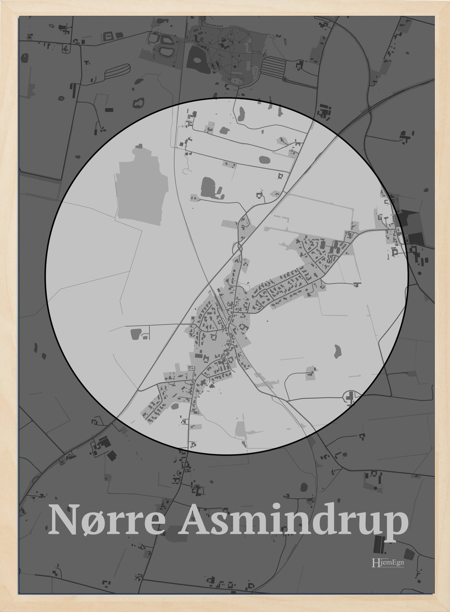 Nørre Asmindrup plakat i farve pastel grå og HjemEgn.dk design centrum. Design bykort for Nørre Asmindrup
