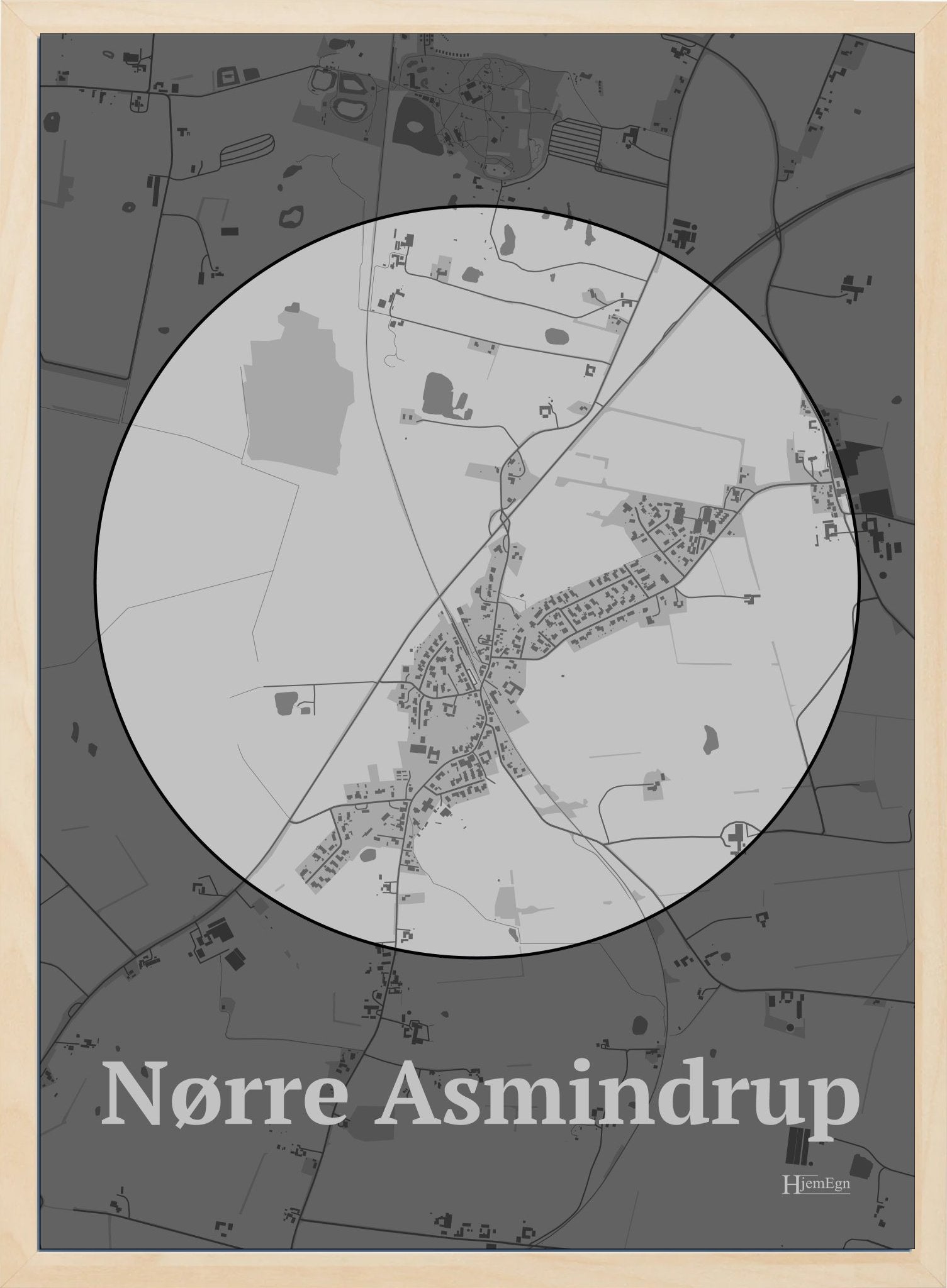Nørre Asmindrup plakat i farve pastel grå og HjemEgn.dk design centrum. Design bykort for Nørre Asmindrup