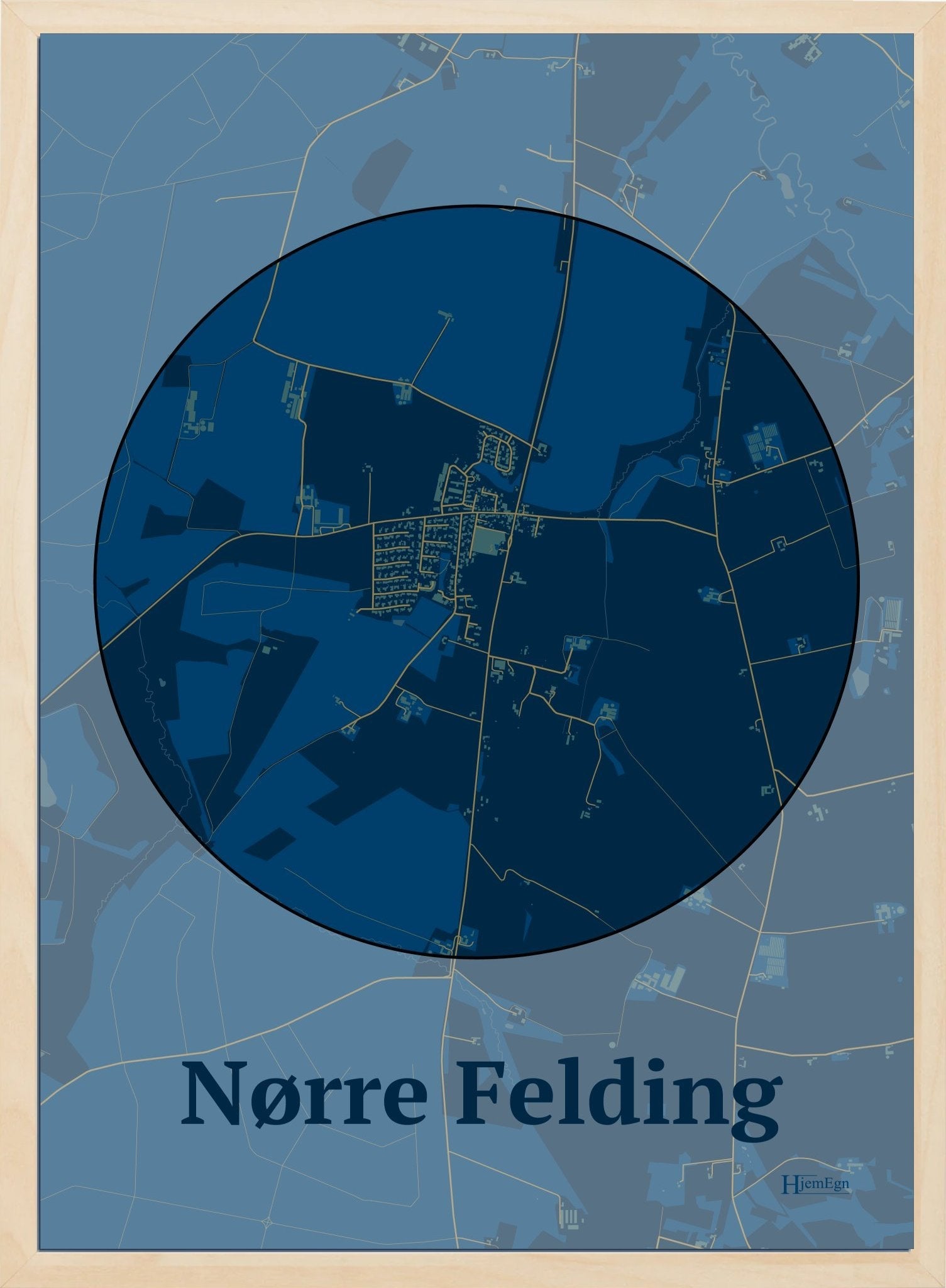 Nørre Felding plakat i farve mørk blå og HjemEgn.dk design centrum. Design bykort for Nørre Felding
