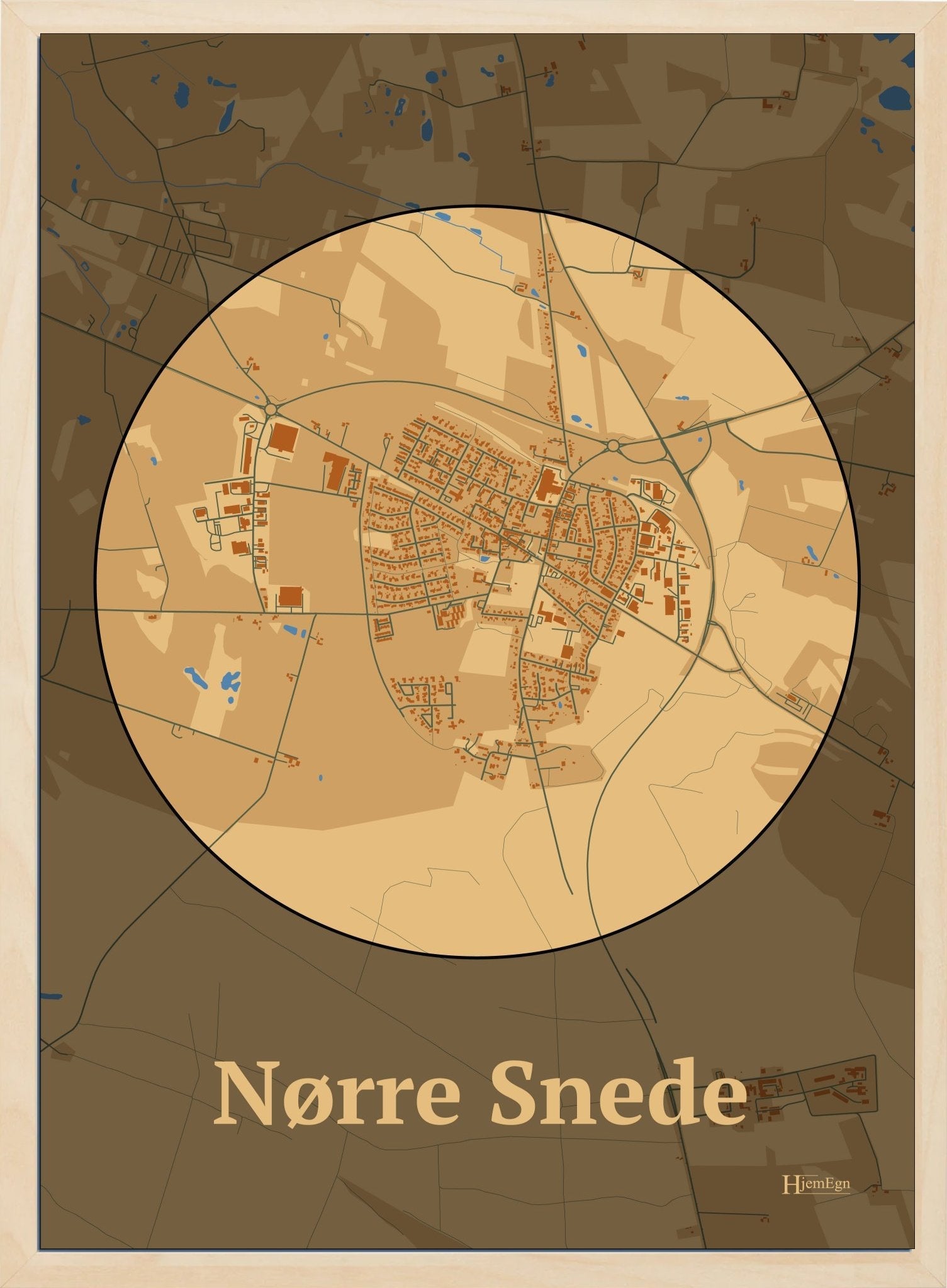 Nørre Snede plakat i farve pastel brun og HjemEgn.dk design centrum. Design bykort for Nørre Snede