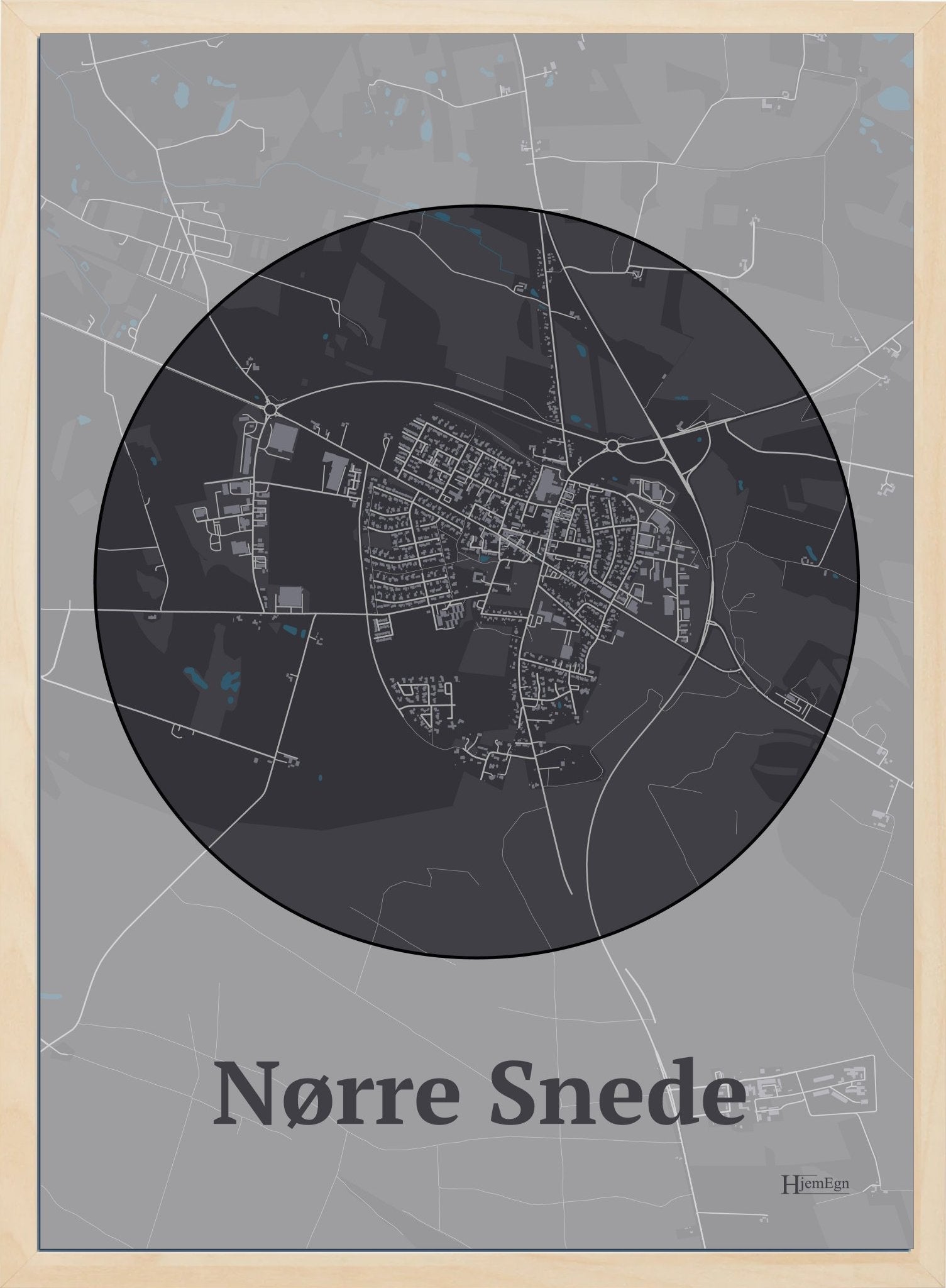 Nørre Snede plakat i farve mørk brun og HjemEgn.dk design centrum. Design bykort for Nørre Snede