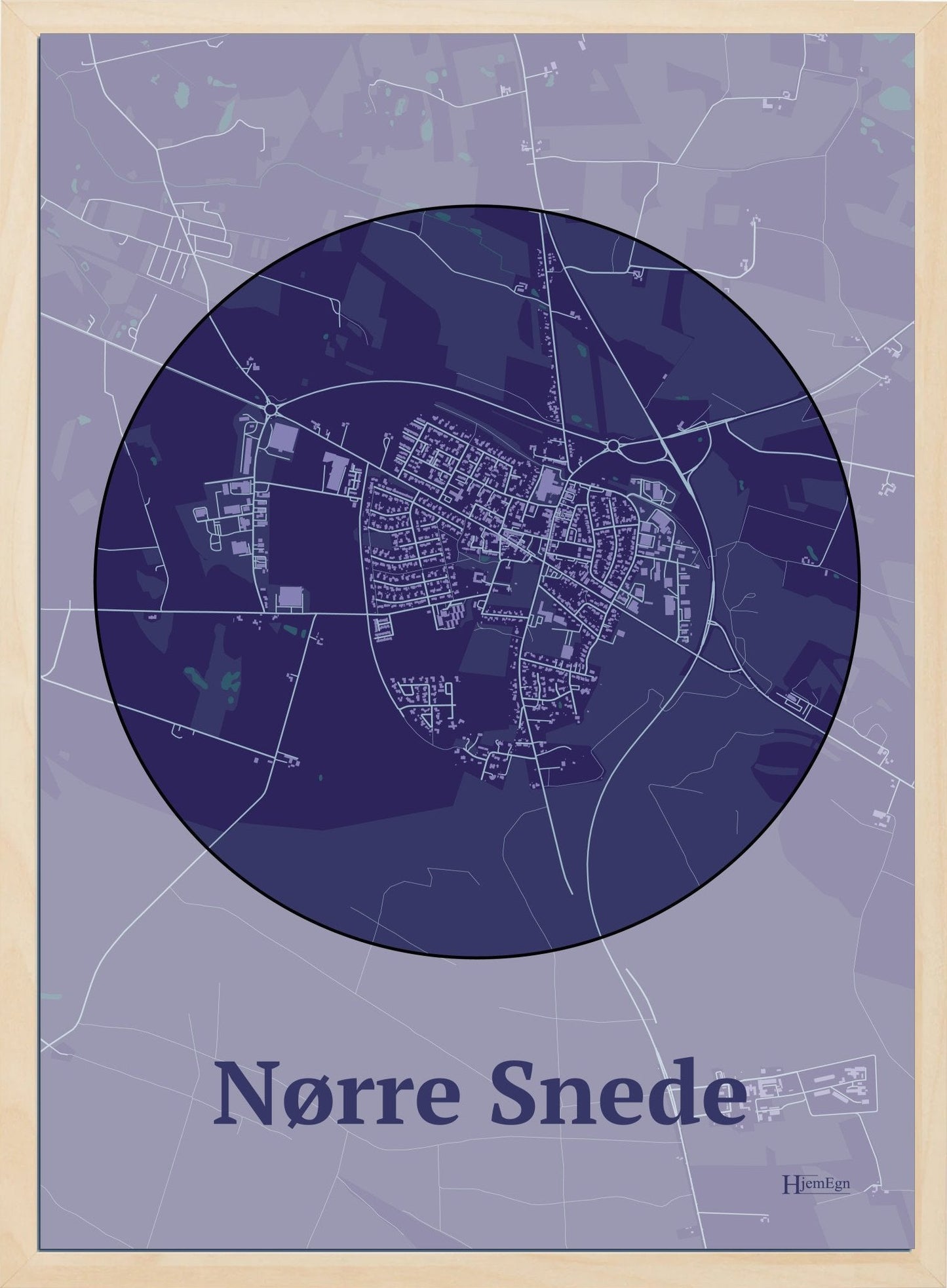 Nørre Snede plakat i farve mørk lilla og HjemEgn.dk design centrum. Design bykort for Nørre Snede