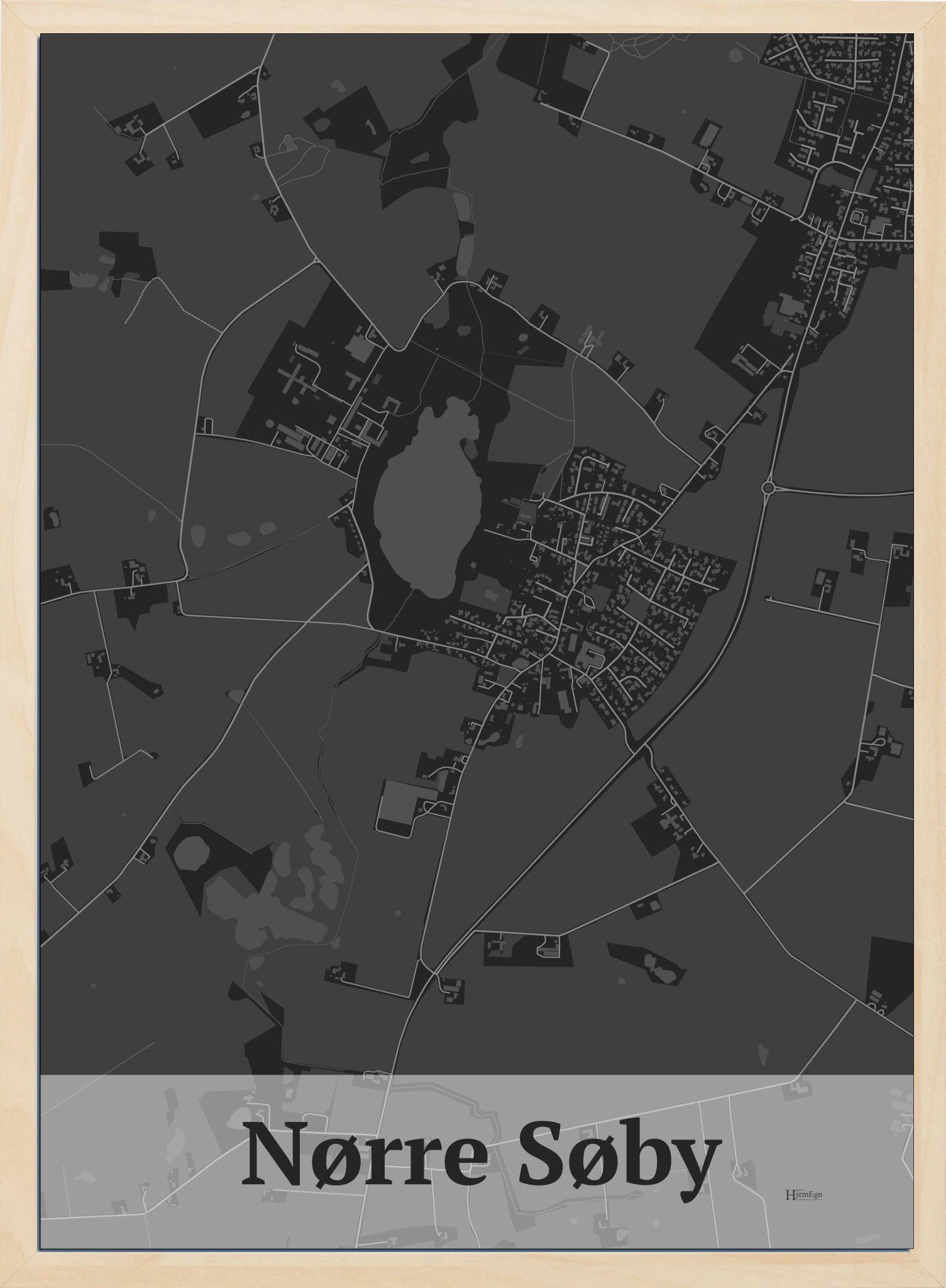 Nørre Søby plakat i  mørk grå og HjemEgn.dk design firkantet. Design bykort for Nørre Søby