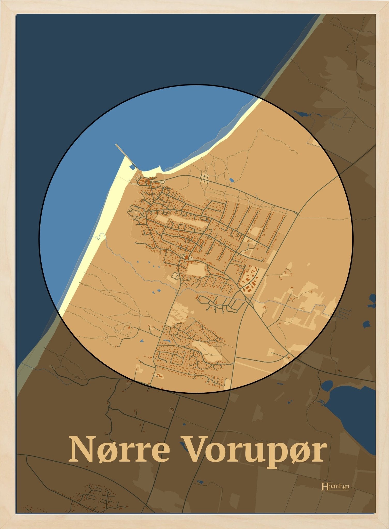 Nørre Vorupør plakat i farve pastel brun og HjemEgn.dk design centrum. Design bykort for Nørre Vorupør