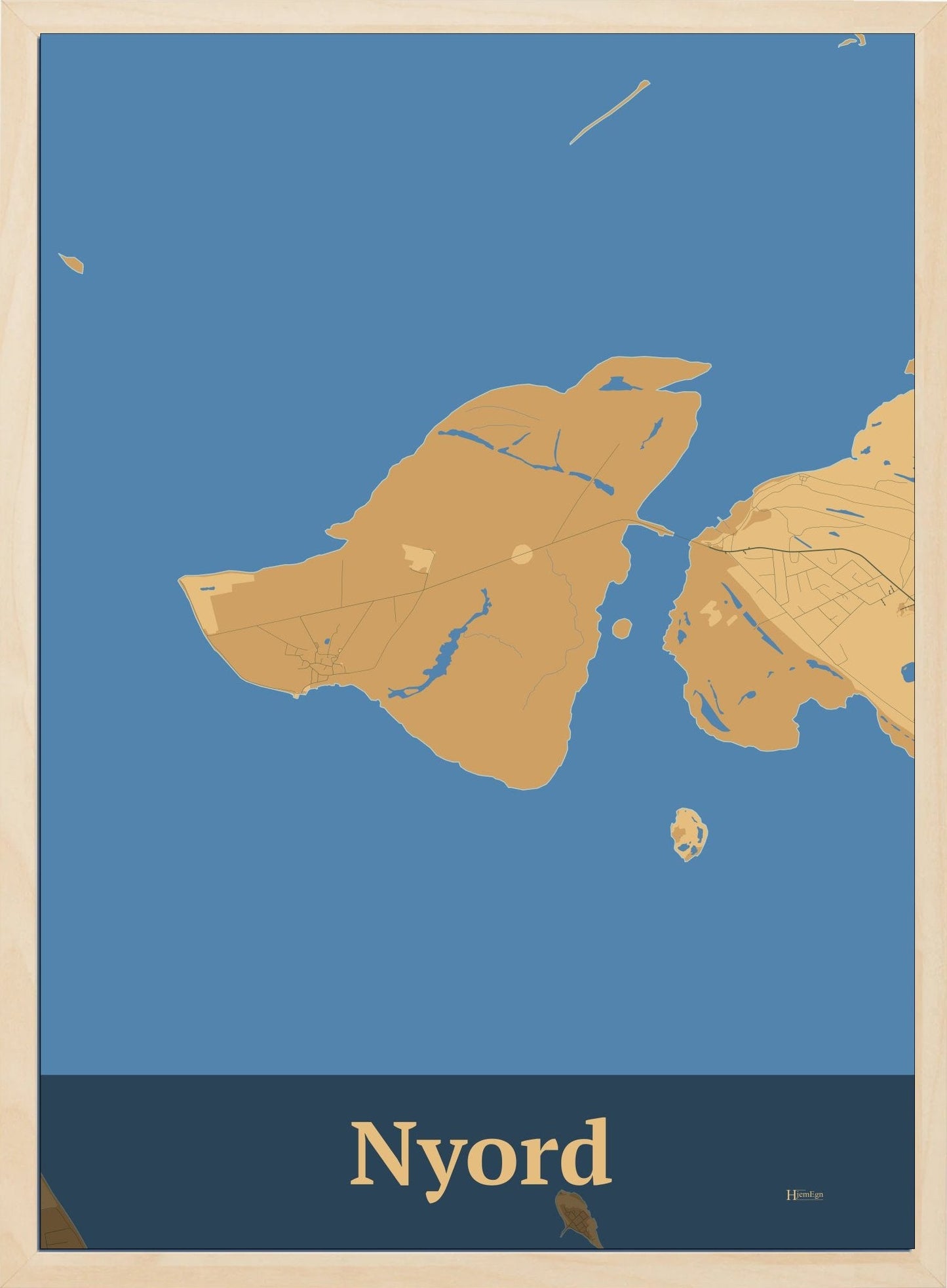 Nyord plakat i farve pastel brun og HjemEgn.dk design firkantet. Design ø-kort for Nyord