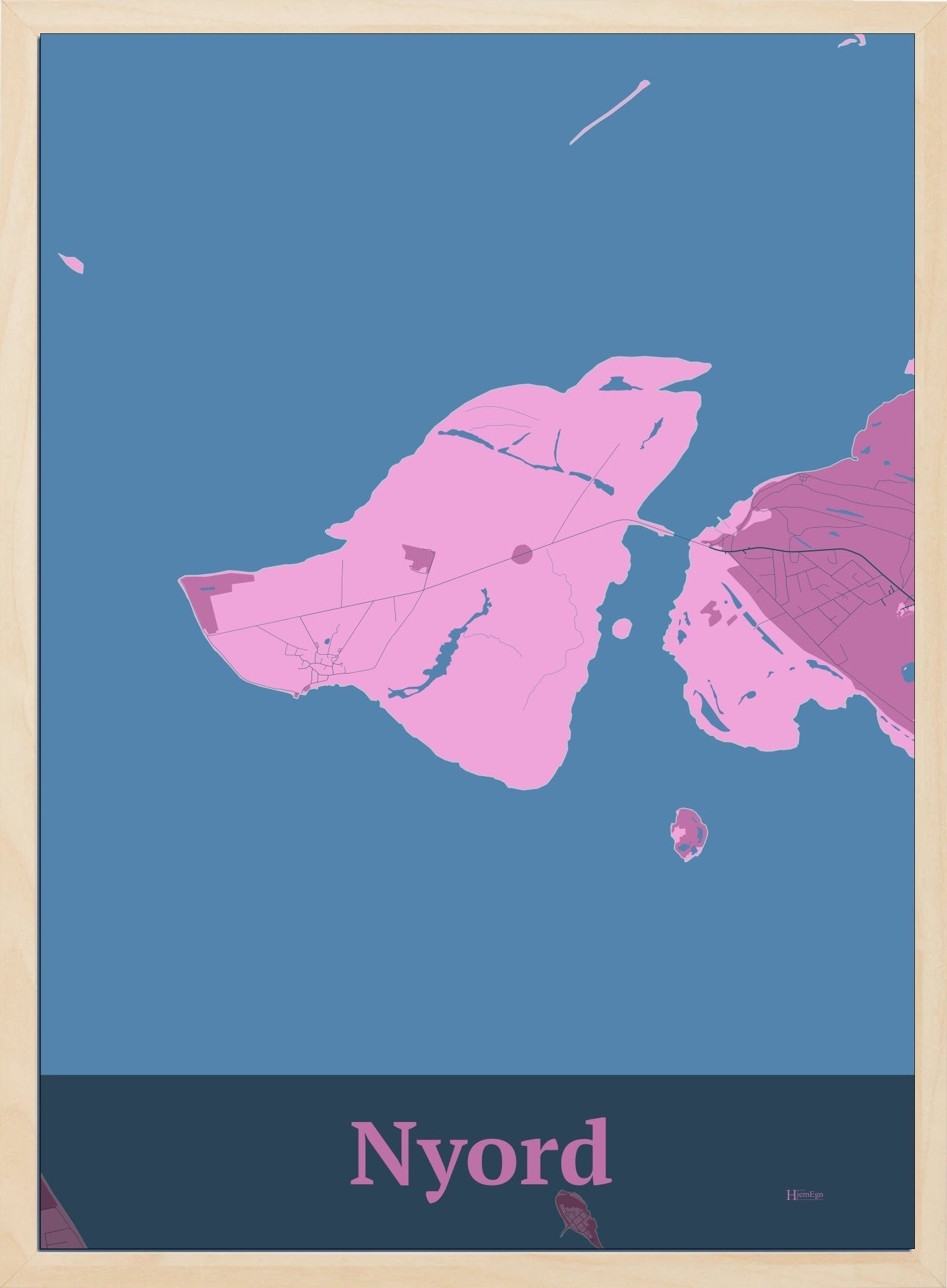 Nyord plakat i farve pastel rød og HjemEgn.dk design firkantet. Design ø-kort for Nyord