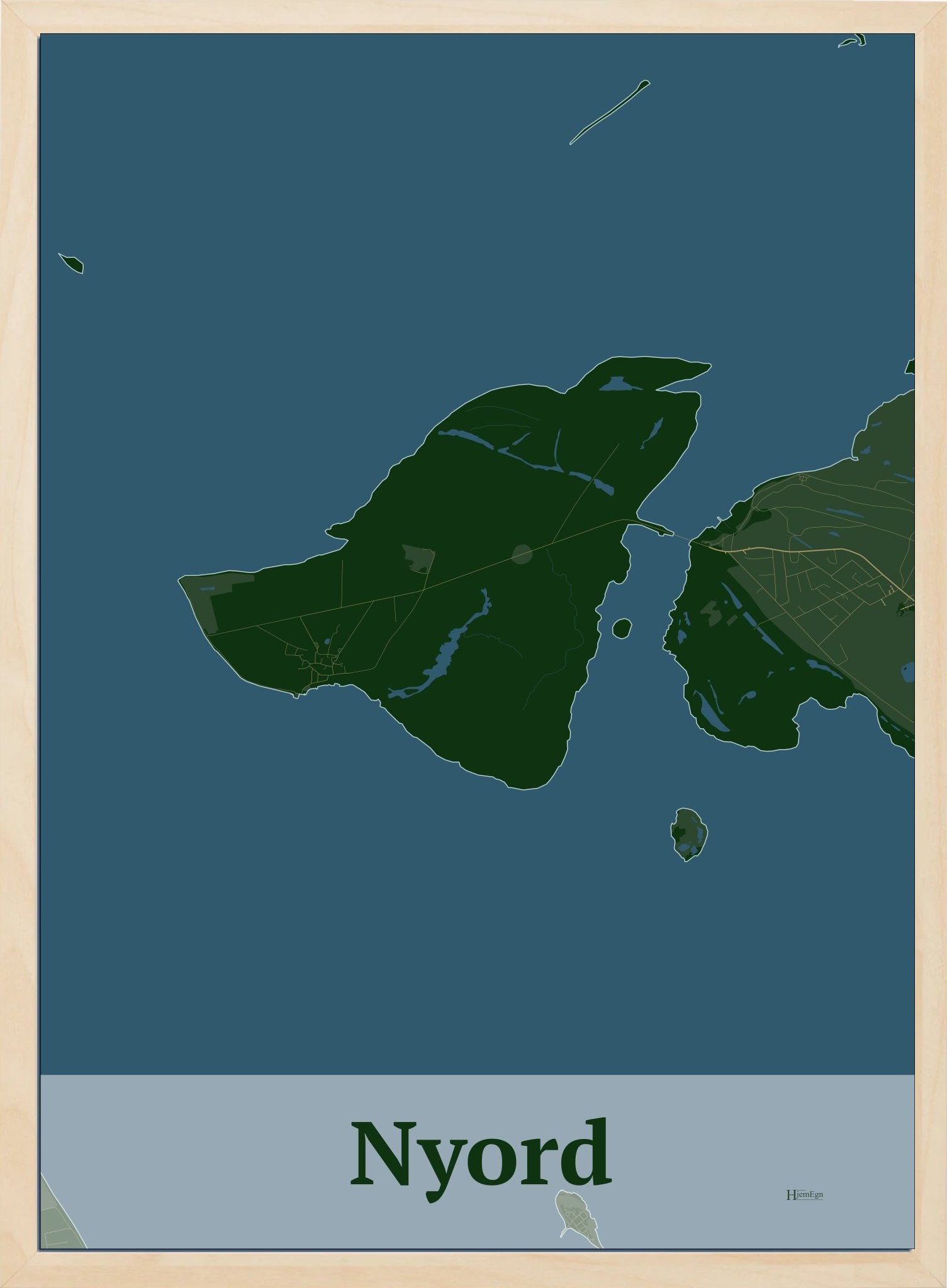 Nyord plakat i farve mørk grøn og HjemEgn.dk design firkantet. Design ø-kort for Nyord