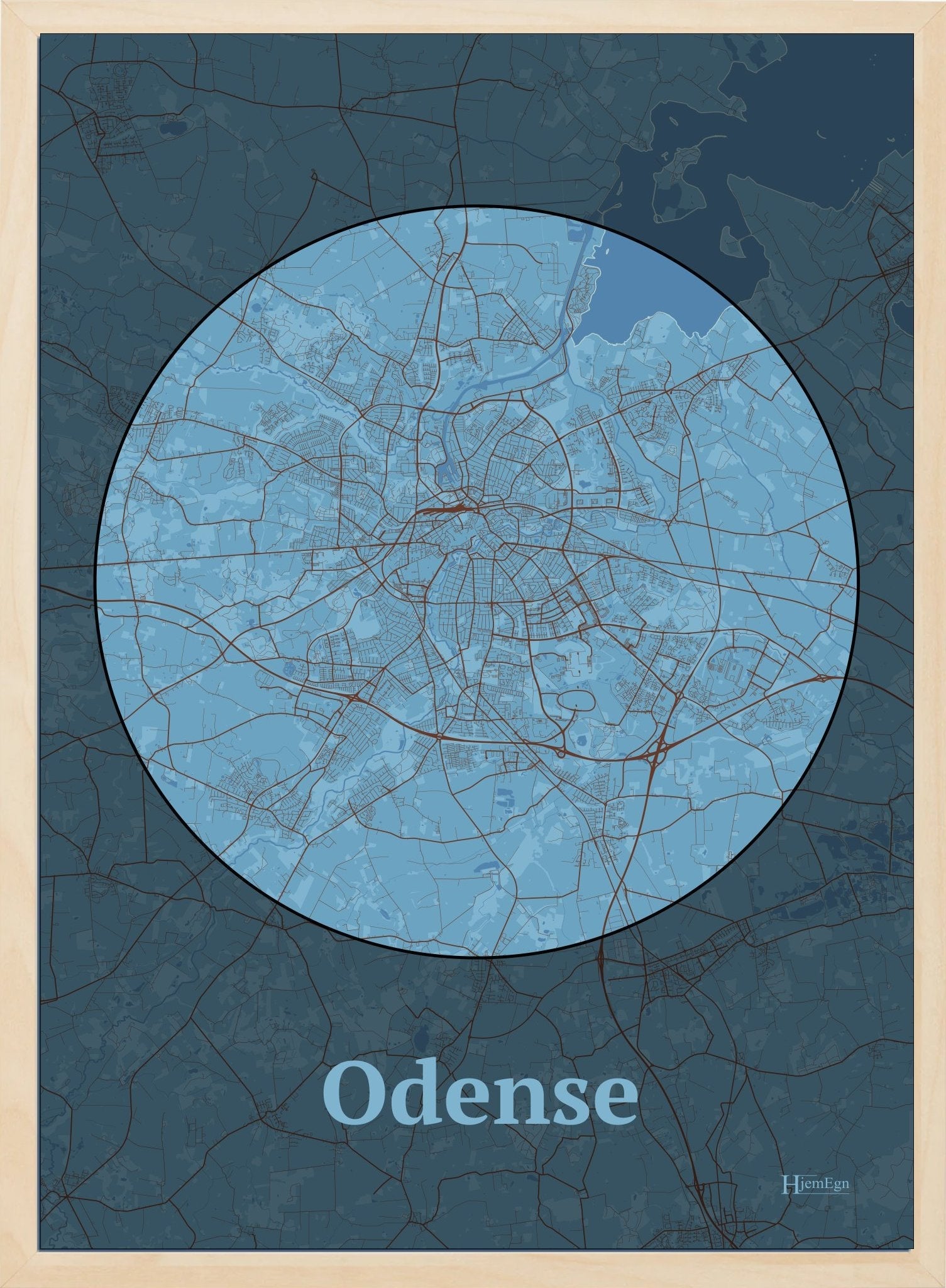 Odense plakat i farve pastel blå og HjemEgn.dk design centrum. Design bykort for Odense
