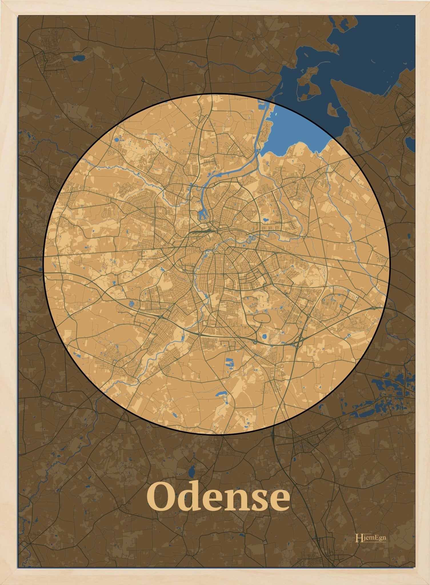 Odense plakat i farve pastel brun og HjemEgn.dk design centrum. Design bykort for Odense