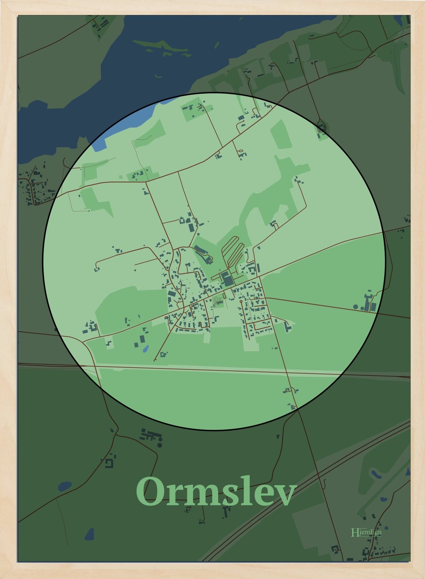 Ormslev plakat i farve pastel grøn og HjemEgn.dk design centrum. Design bykort for Ormslev