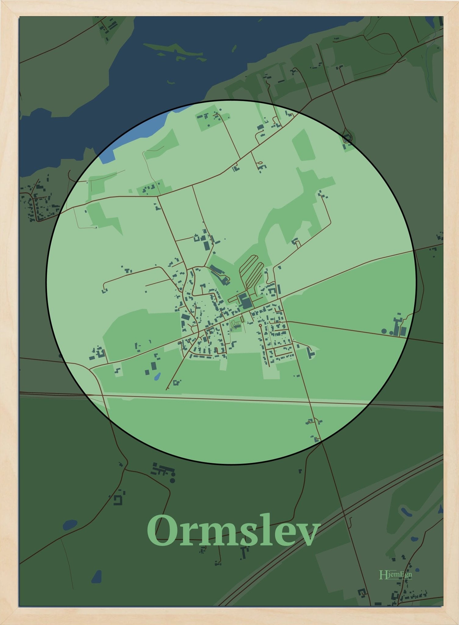 Ormslev plakat i farve pastel grøn og HjemEgn.dk design centrum. Design bykort for Ormslev