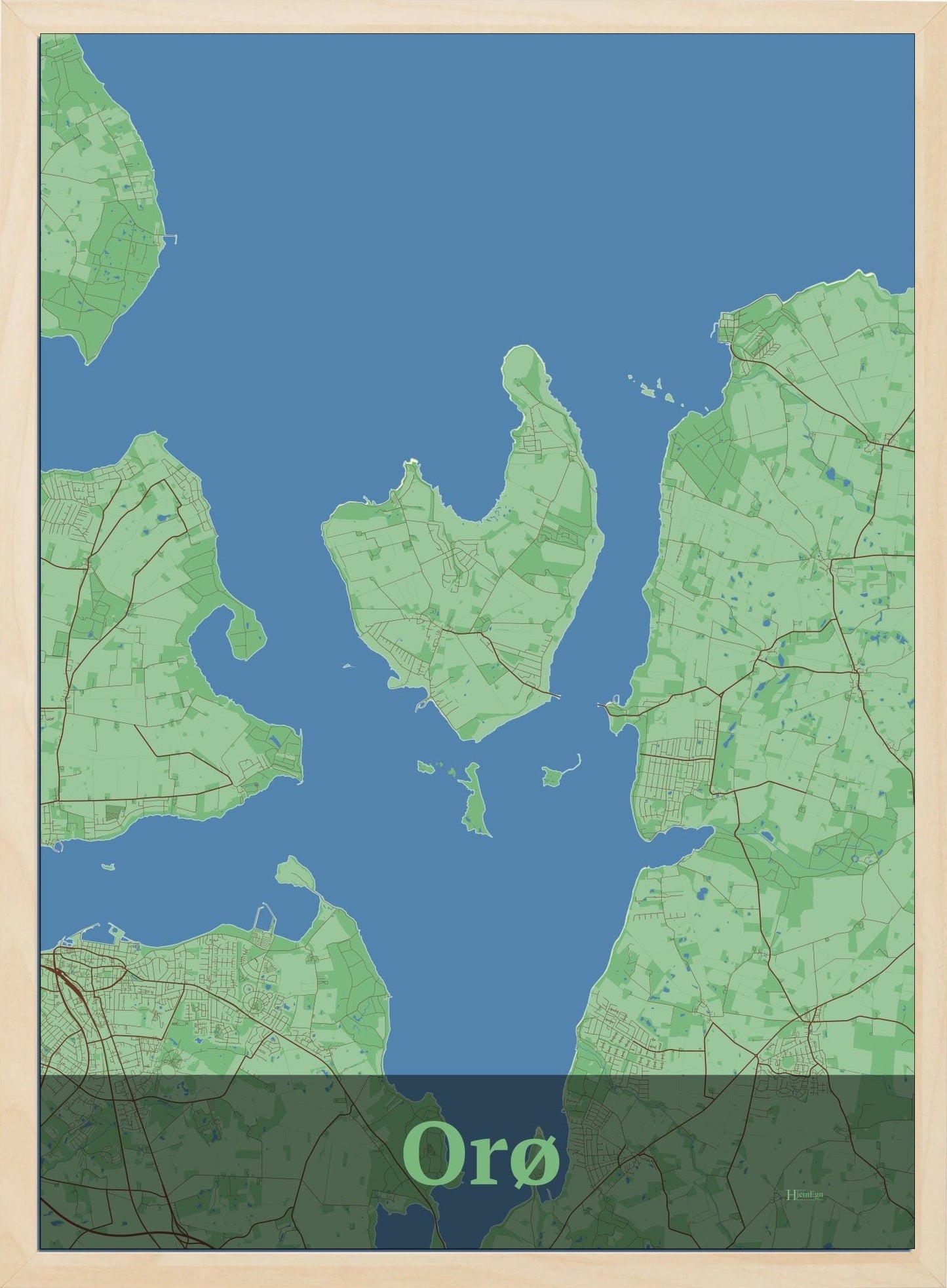 Orø plakat i farve pastel grøn og HjemEgn.dk design firkantet. Design ø-kort for Orø