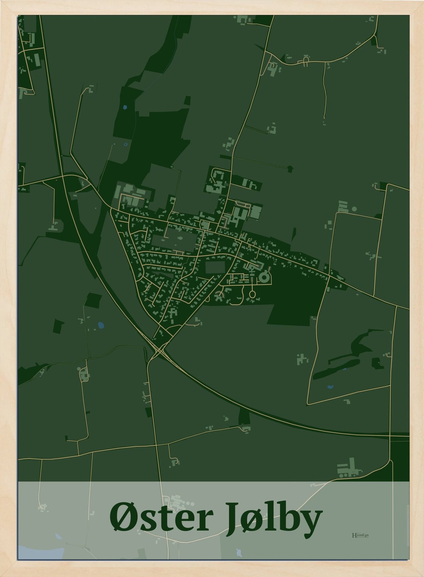 Øster Jølby plakat i farve mørk grøn og HjemEgn.dk design firkantet. Design bykort for Øster Jølby