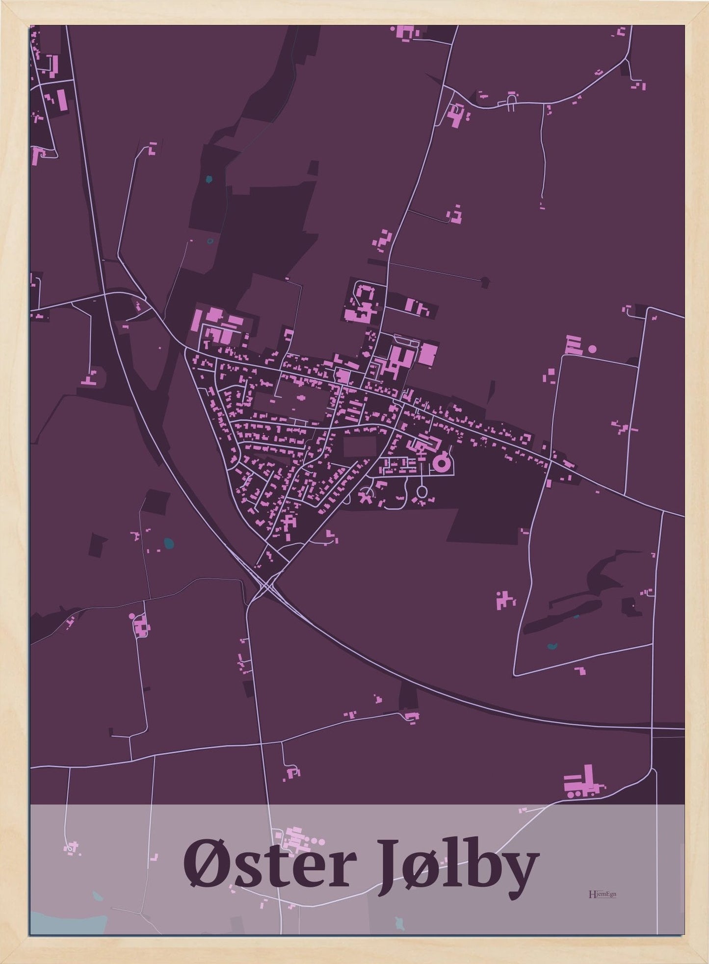 Øster Jølby plakat i farve mørk rød og HjemEgn.dk design firkantet. Design bykort for Øster Jølby