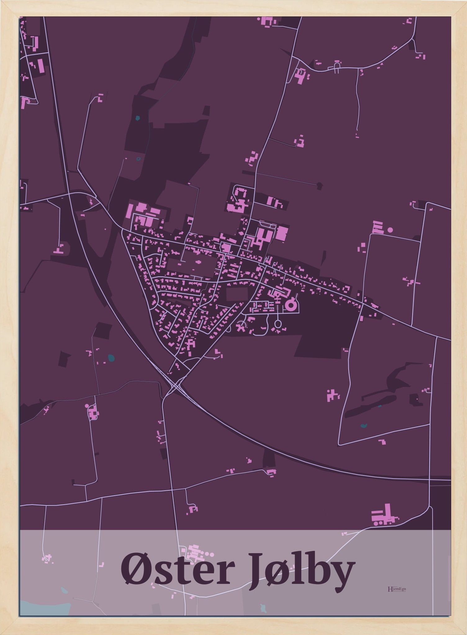 Øster Jølby plakat i farve mørk rød og HjemEgn.dk design firkantet. Design bykort for Øster Jølby