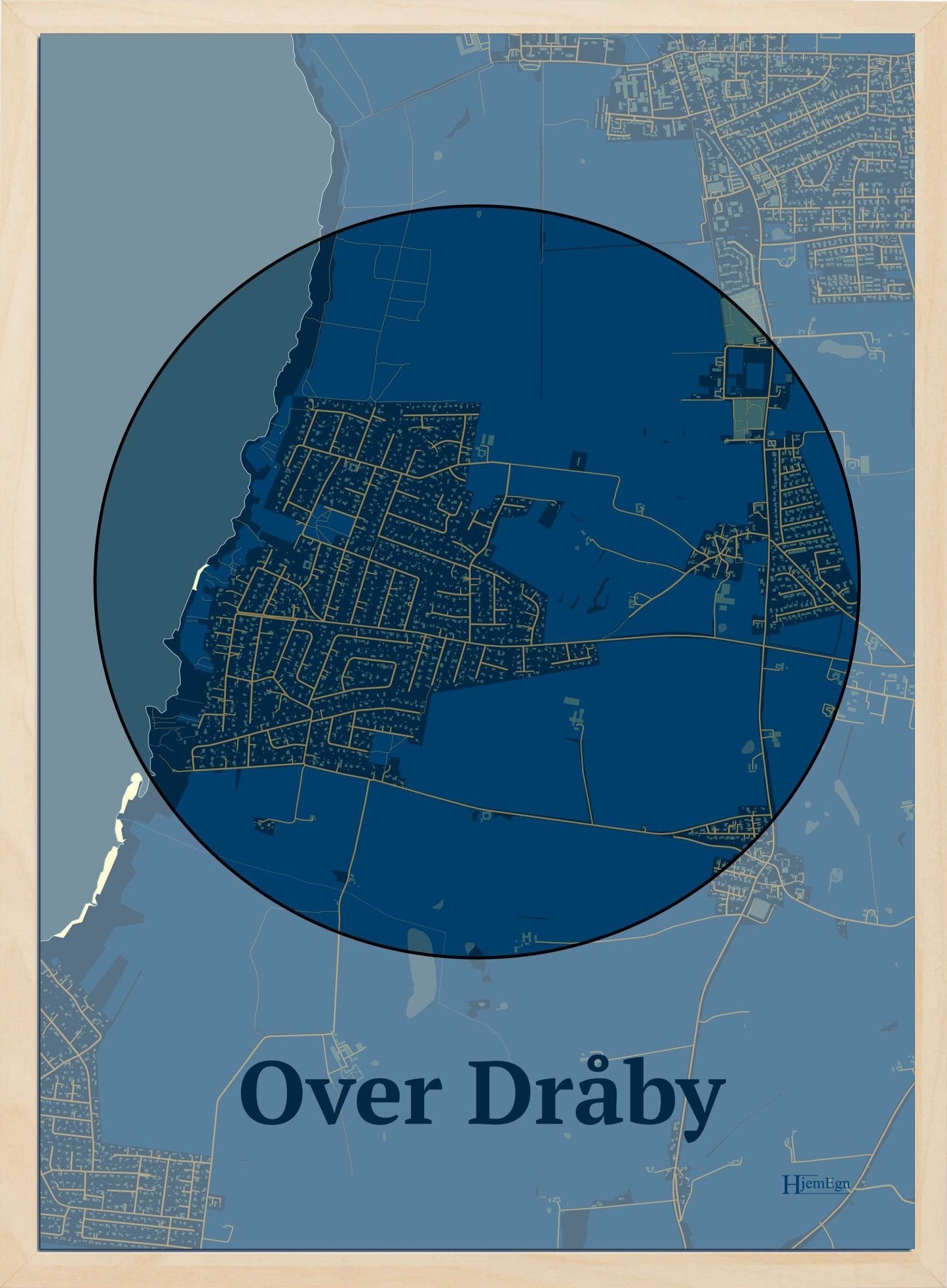 Over Dråby plakat i farve mørk blå og HjemEgn.dk design centrum. Design bykort for Over Dråby