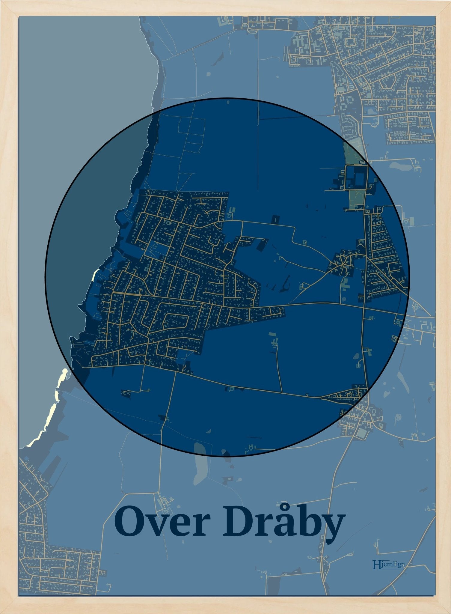 Over Dråby plakat i farve mørk blå og HjemEgn.dk design centrum. Design bykort for Over Dråby