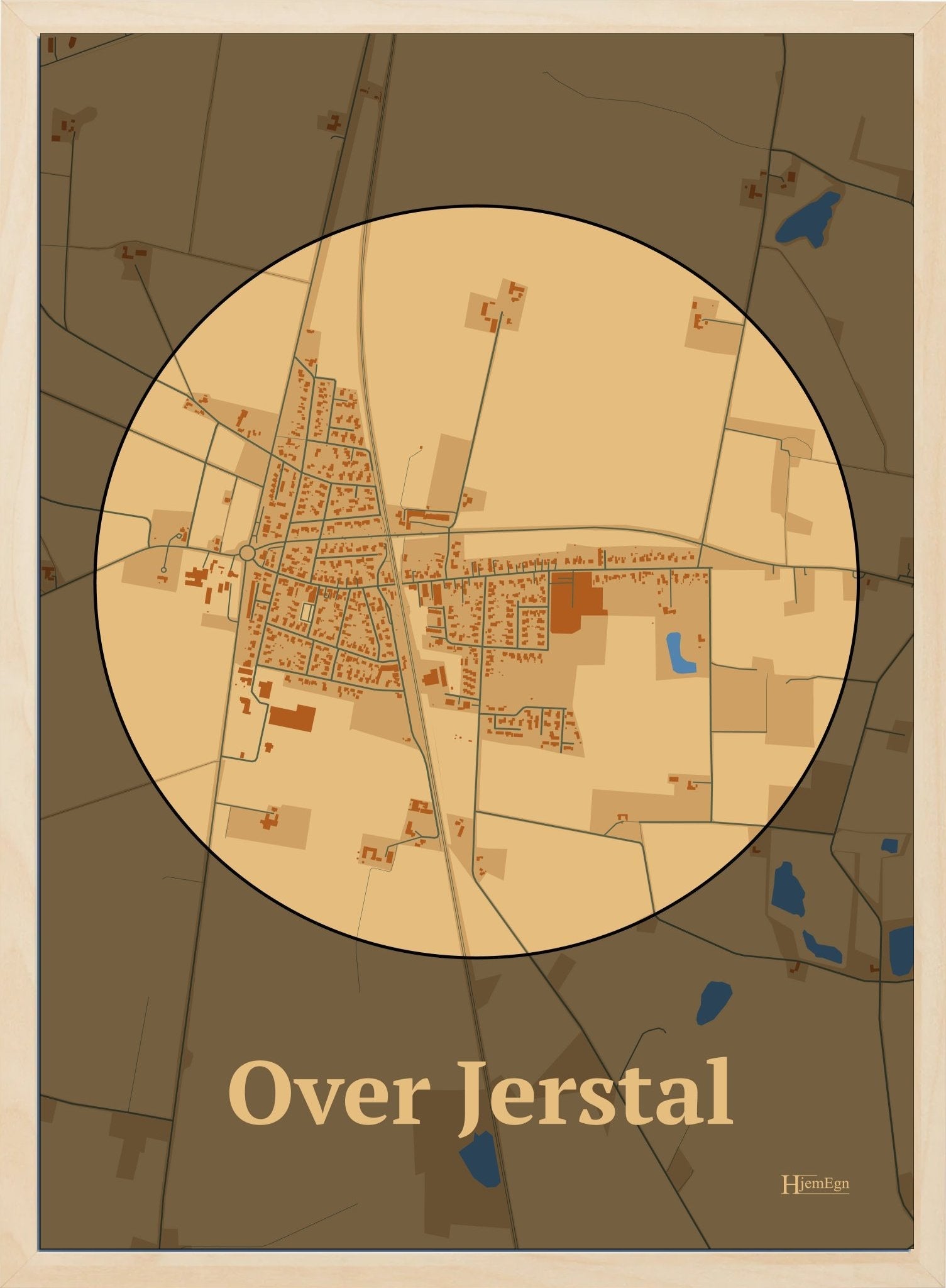 Over Jerstal plakat i farve pastel brun og HjemEgn.dk design centrum. Design bykort for Over Jerstal