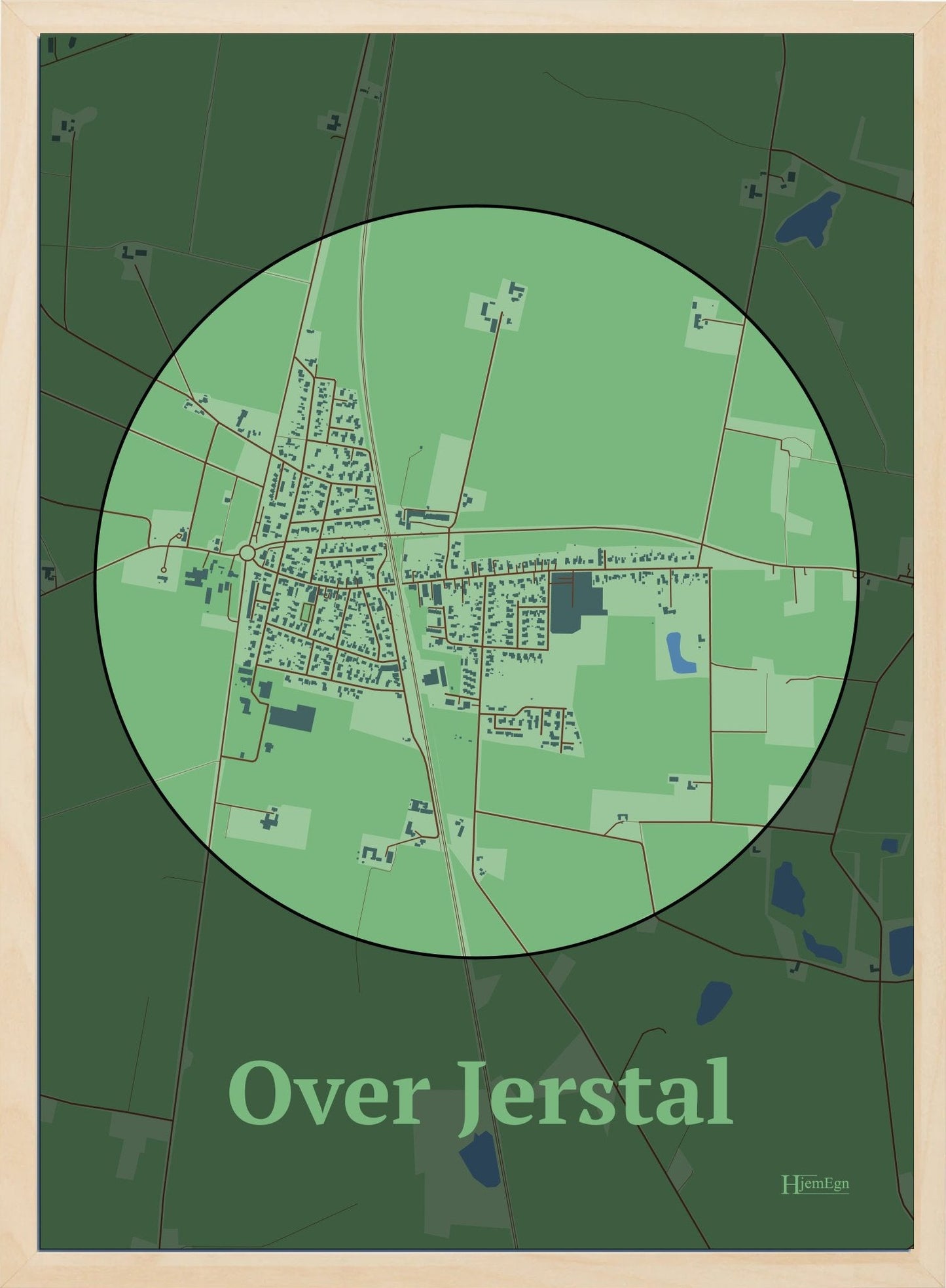 Over Jerstal plakat i farve pastel grøn og HjemEgn.dk design centrum. Design bykort for Over Jerstal