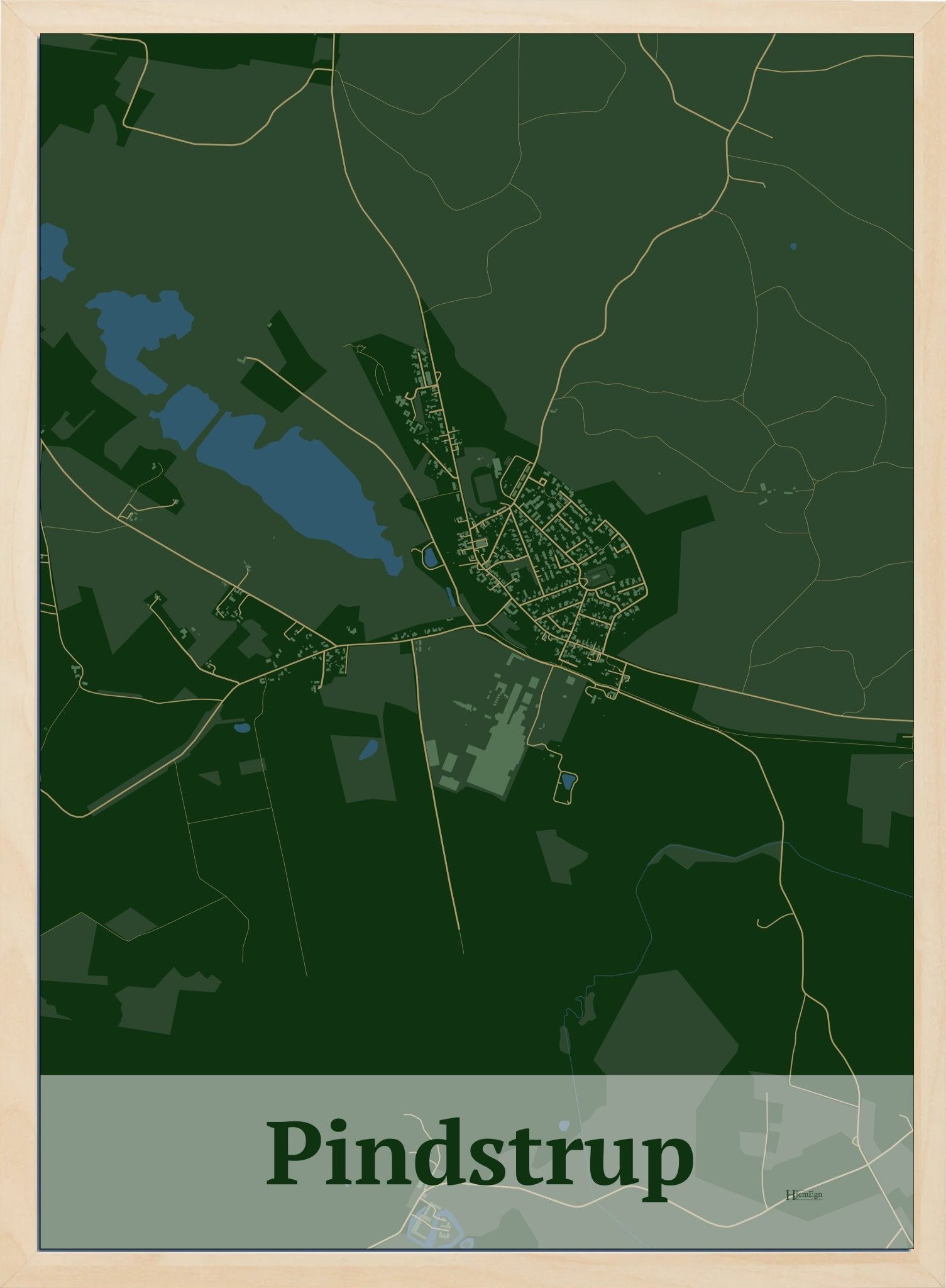 Pindstrup plakat i farve mørk grøn og HjemEgn.dk design firkantet. Design bykort for Pindstrup