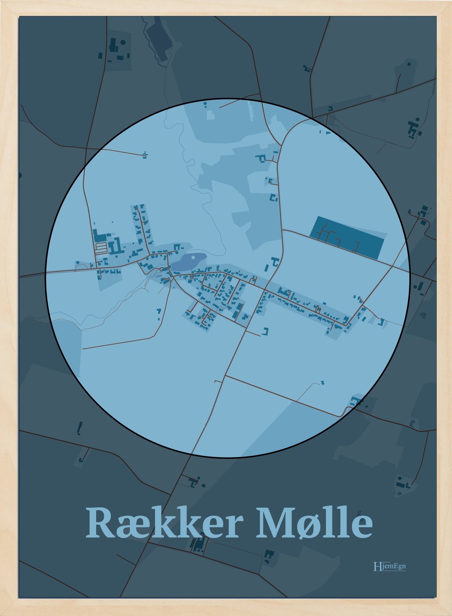 Rækker Mølle plakat i farve pastel blå og HjemEgn.dk design centrum. Design bykort for Rækker Mølle