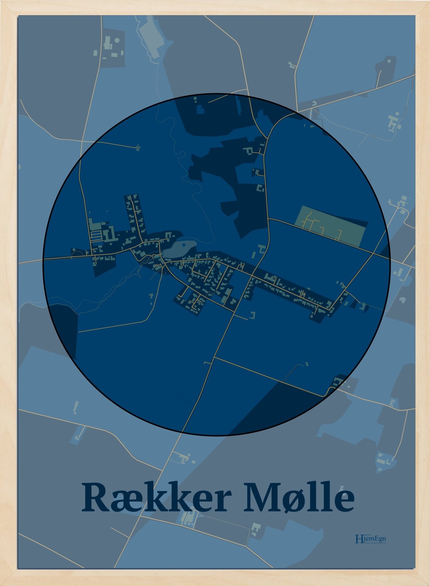 Rækker Mølle plakat i farve mørk blå og HjemEgn.dk design centrum. Design bykort for Rækker Mølle