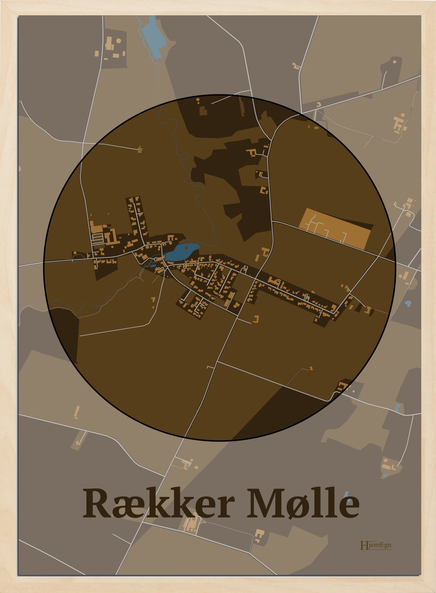 Rækker Mølle plakat i farve mørk brun og HjemEgn.dk design centrum. Design bykort for Rækker Mølle
