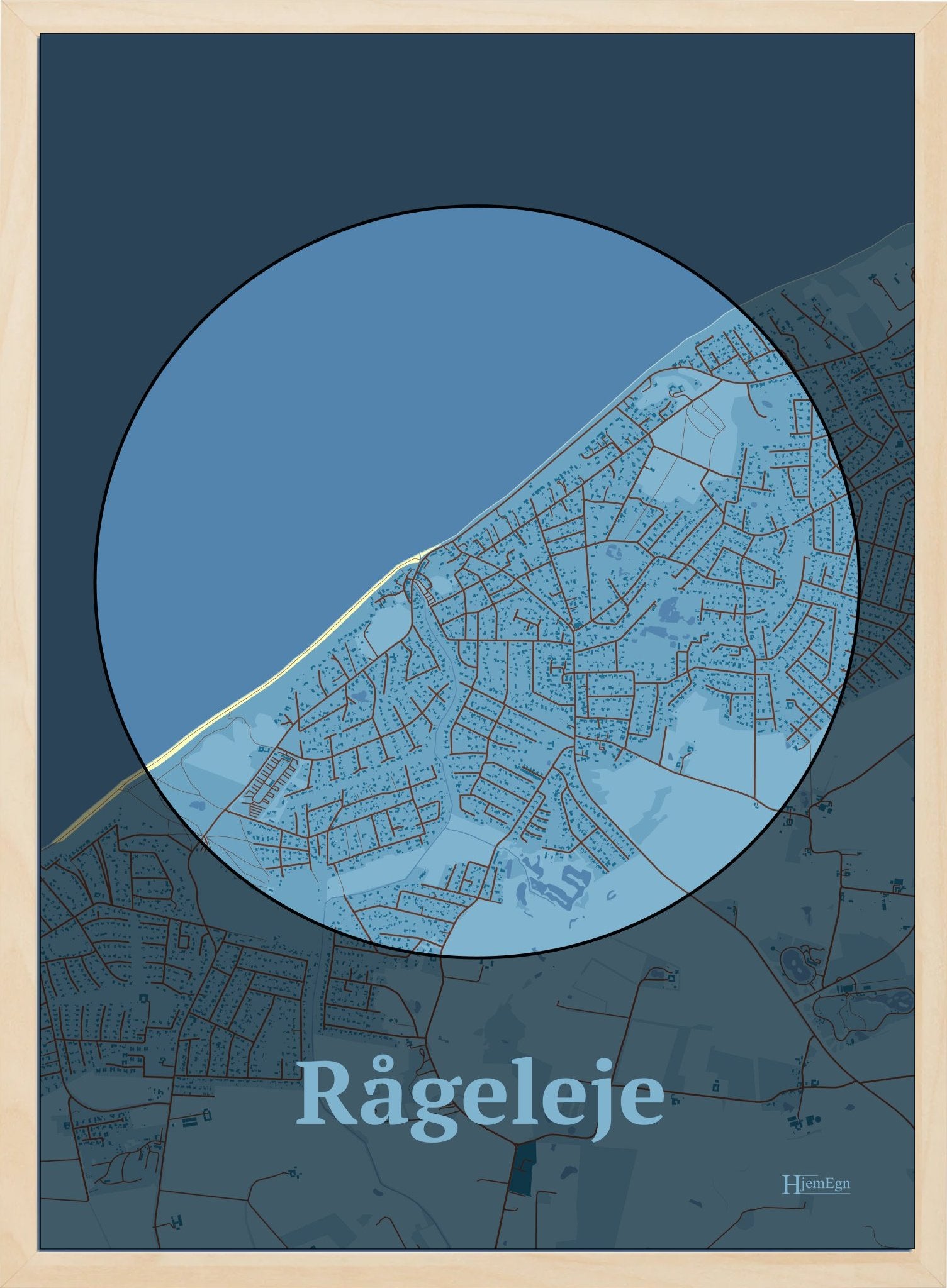Rågeleje plakat i farve pastel blå og HjemEgn.dk design centrum. Design bykort for Rågeleje