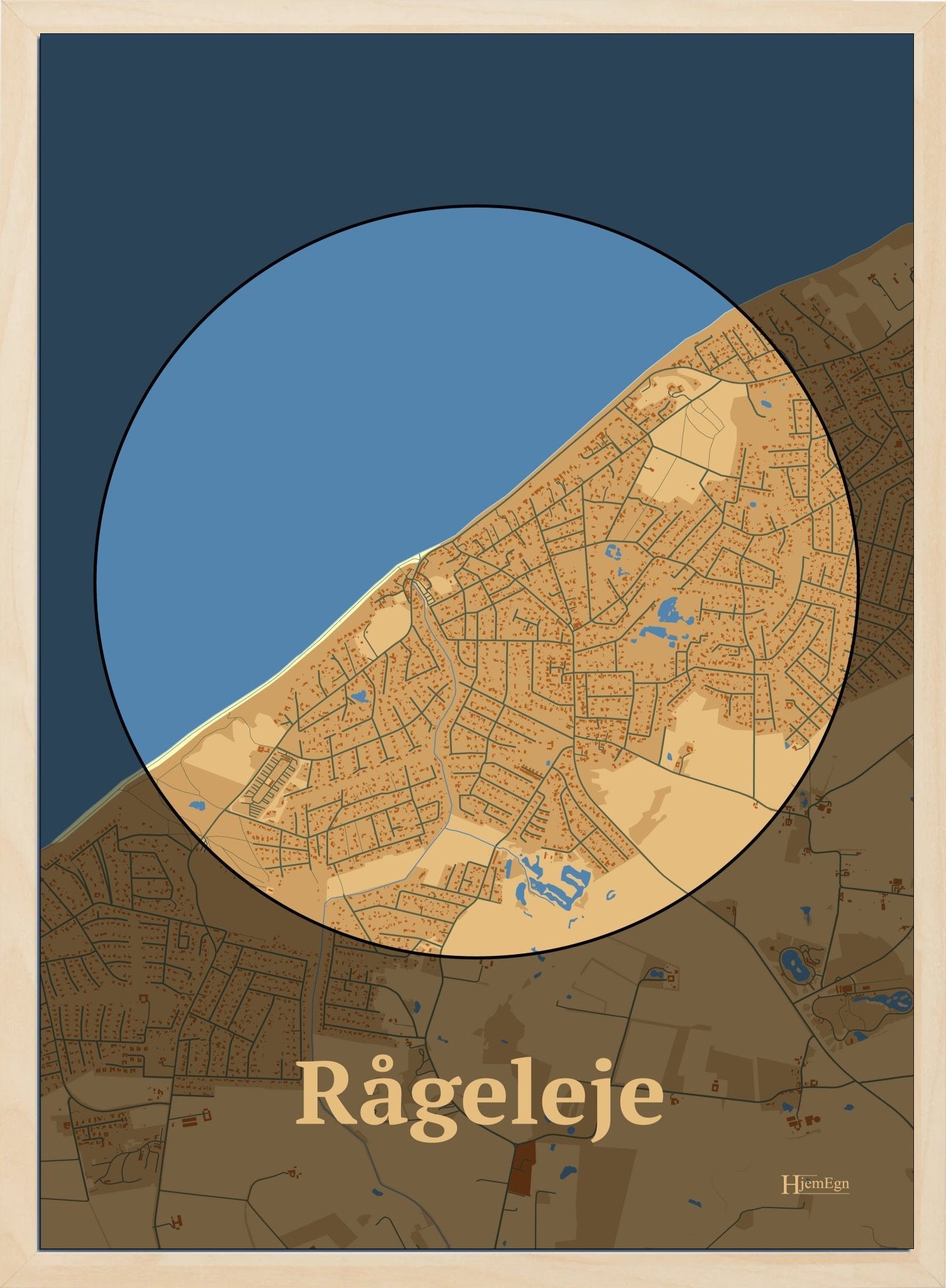 Rågeleje plakat i farve pastel brun og HjemEgn.dk design centrum. Design bykort for Rågeleje