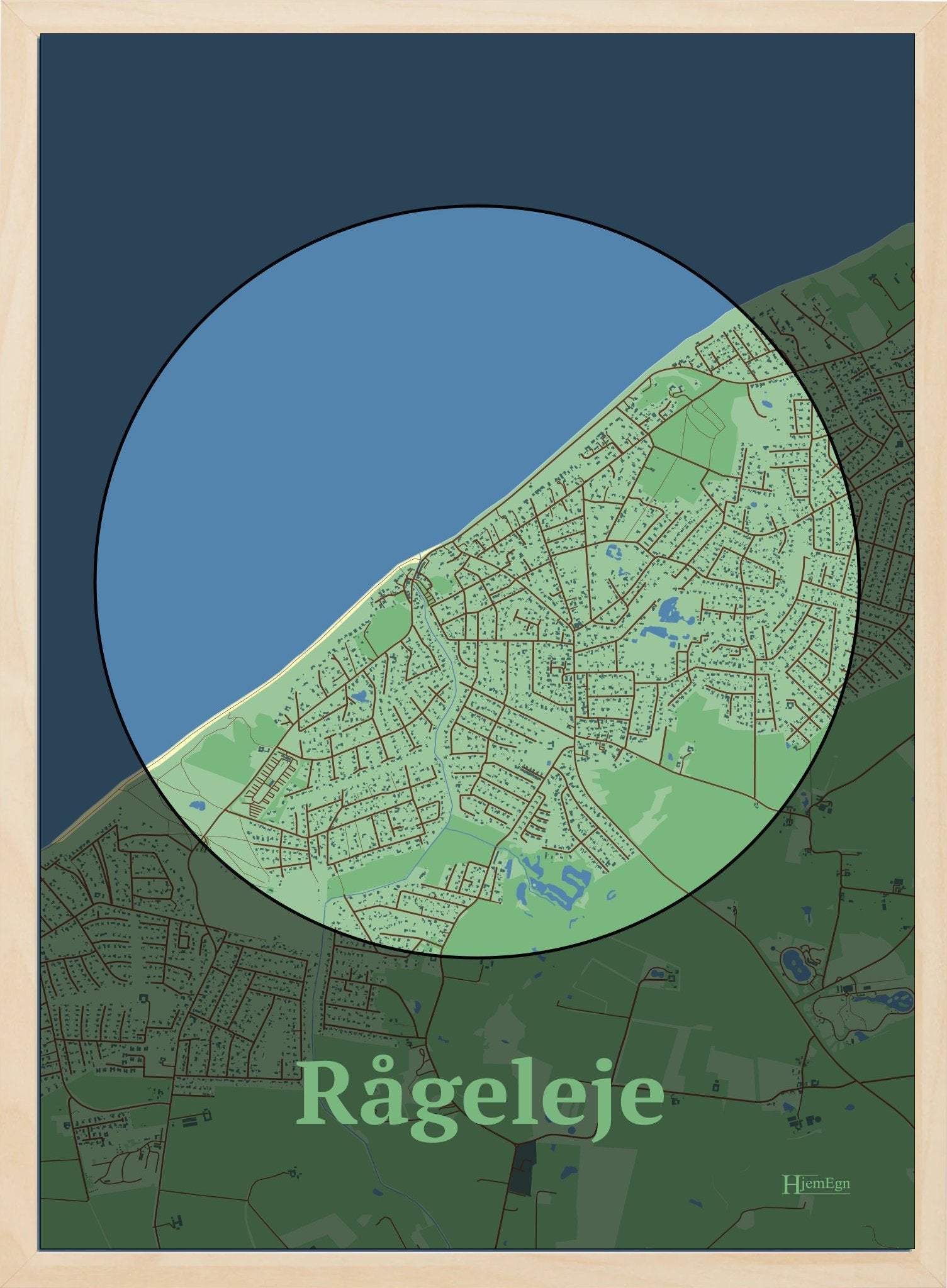 Rågeleje plakat i farve pastel grøn og HjemEgn.dk design centrum. Design bykort for Rågeleje