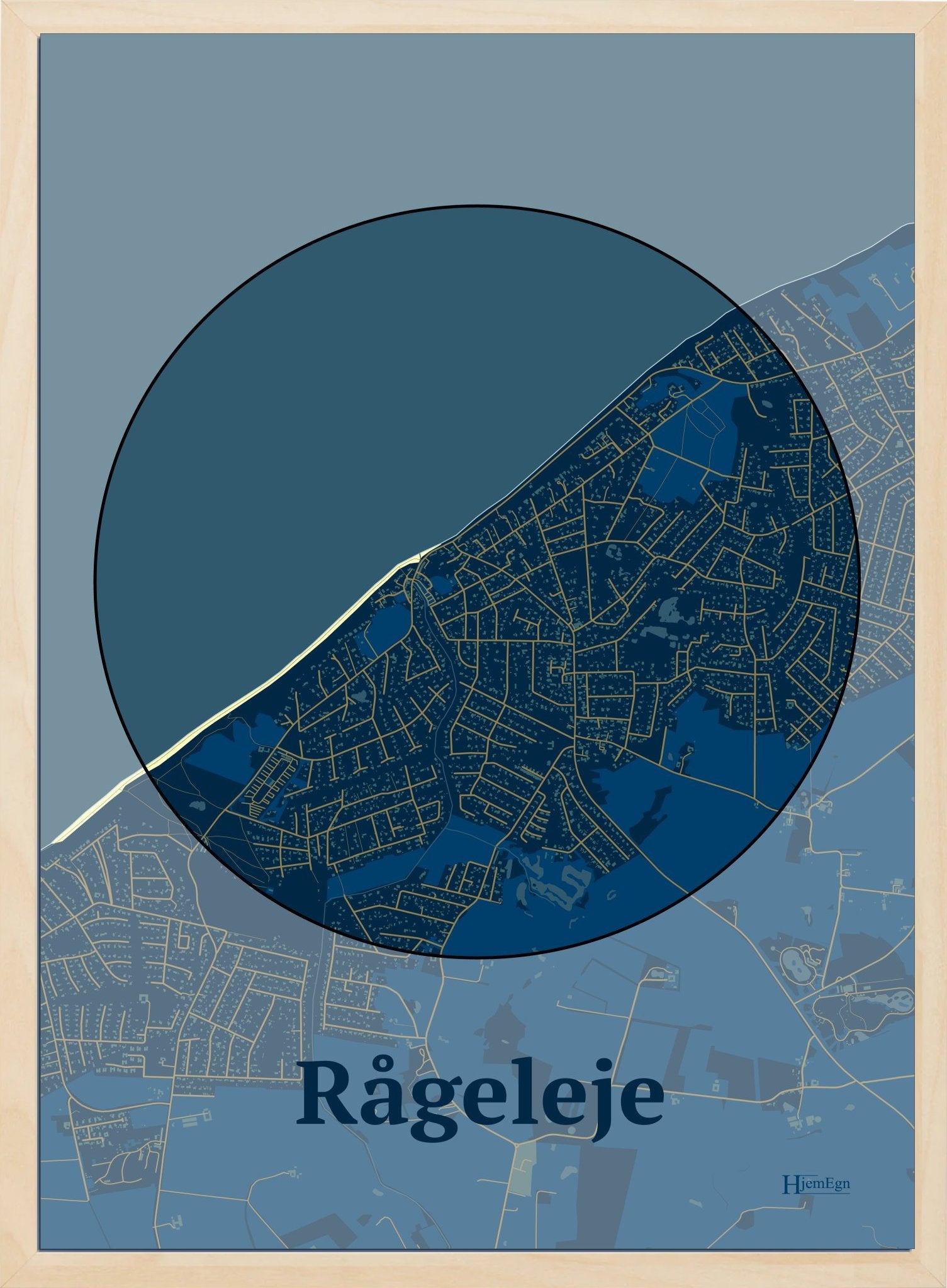 Rågeleje plakat i farve mørk blå og HjemEgn.dk design centrum. Design bykort for Rågeleje