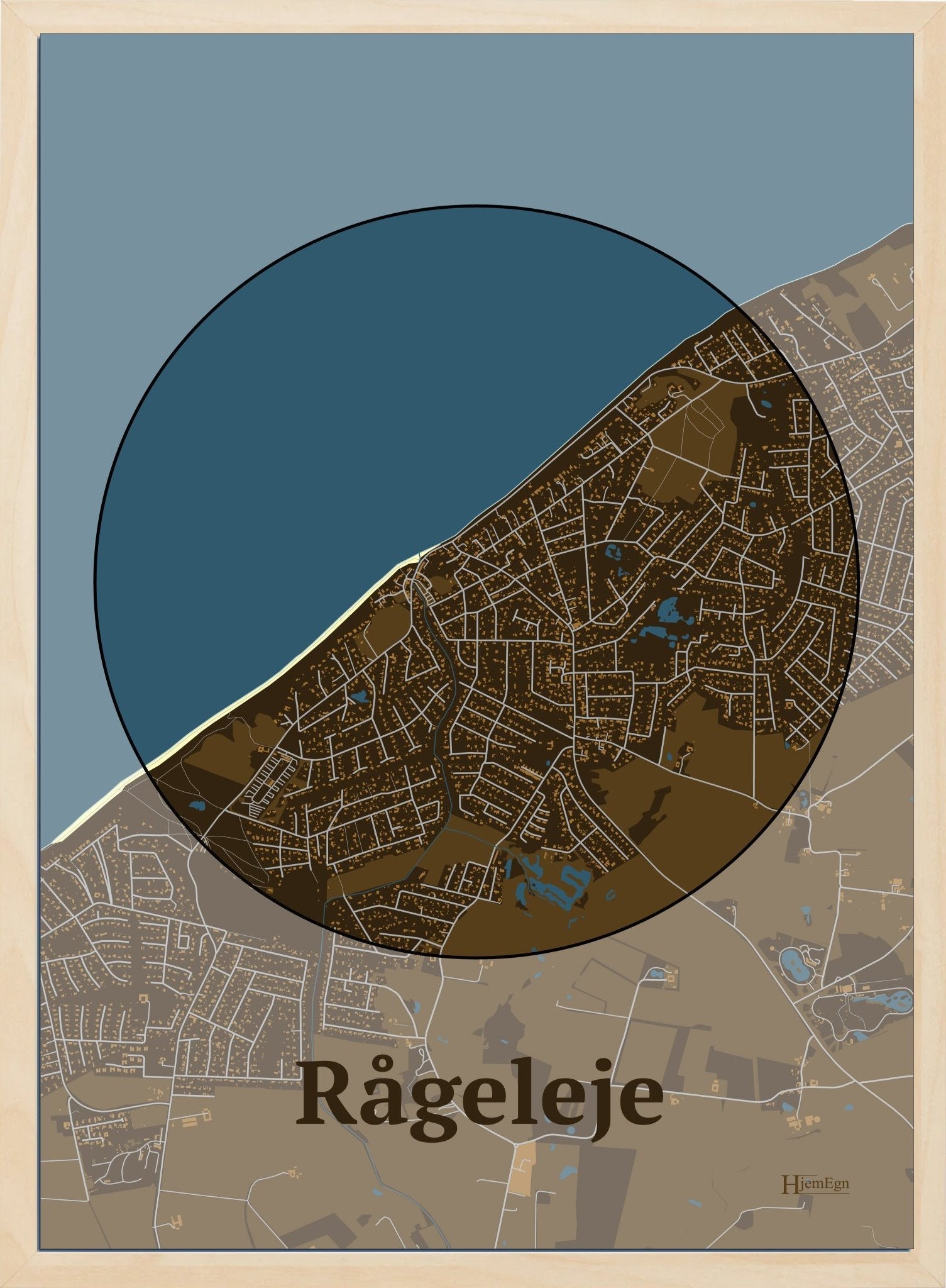 Rågeleje plakat i farve mørk brun og HjemEgn.dk design centrum. Design bykort for Rågeleje