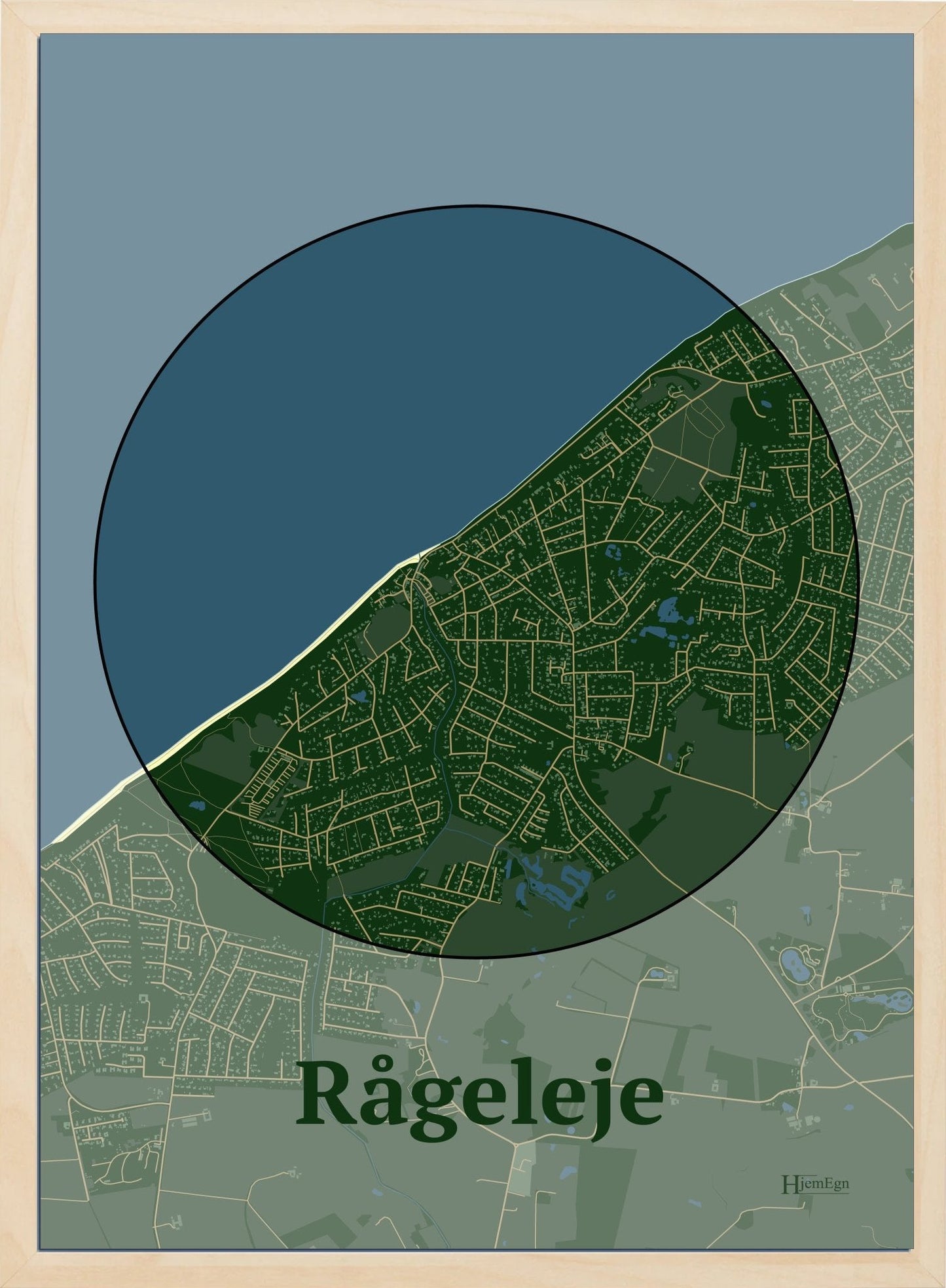 Rågeleje plakat i farve mørk grøn og HjemEgn.dk design centrum. Design bykort for Rågeleje