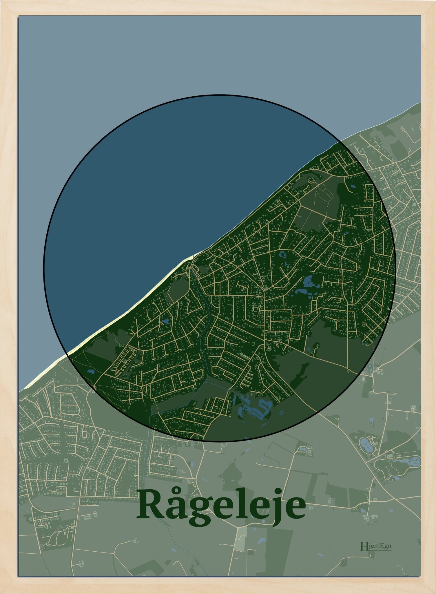 Rågeleje plakat i farve mørk grøn og HjemEgn.dk design centrum. Design bykort for Rågeleje