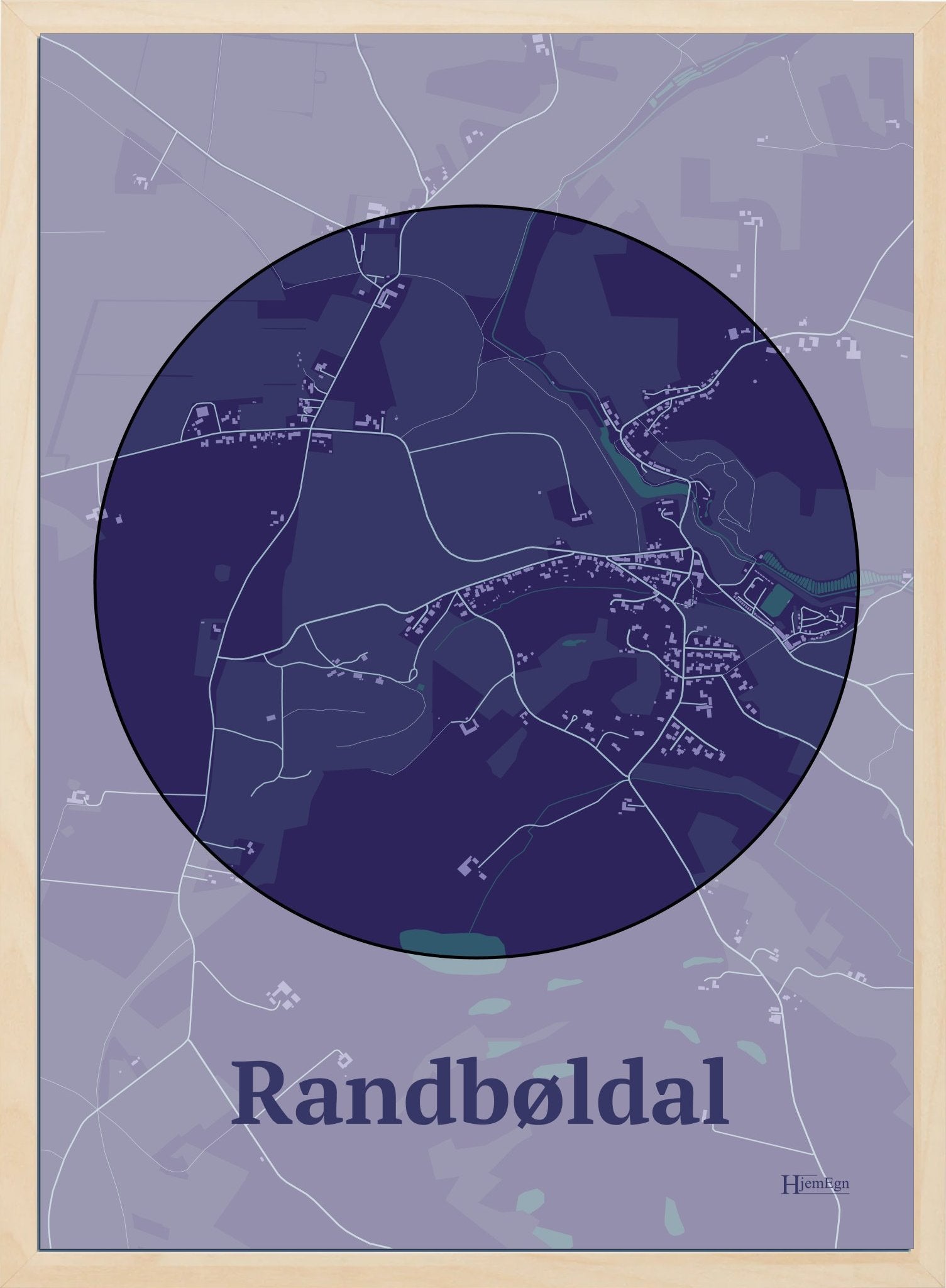 Randbøldal plakat i farve mørk lilla og HjemEgn.dk design centrum. Design bykort for Randbøldal