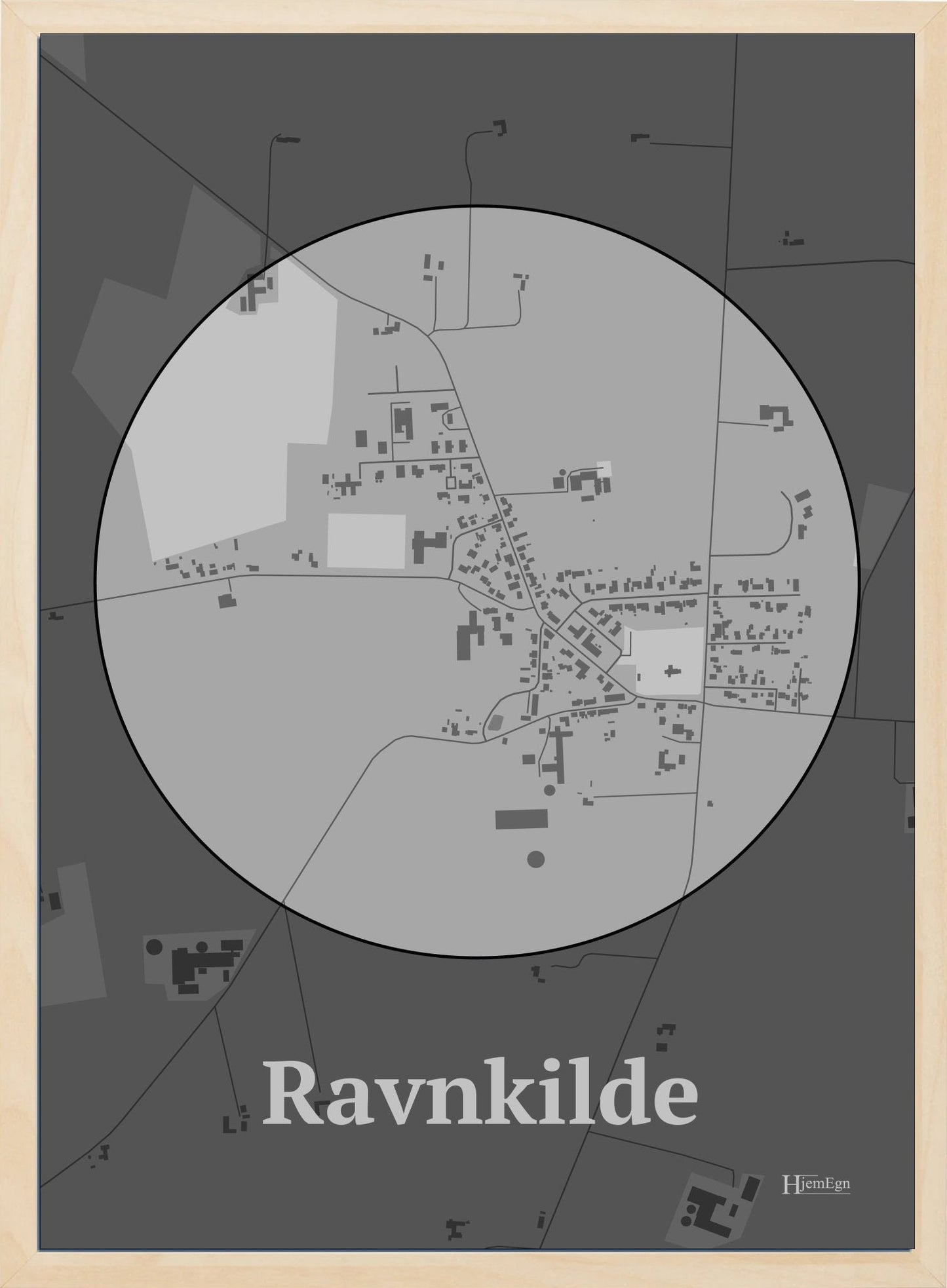 Ravnkilde plakat i farve pastel grå og HjemEgn.dk design centrum. Design bykort for Ravnkilde