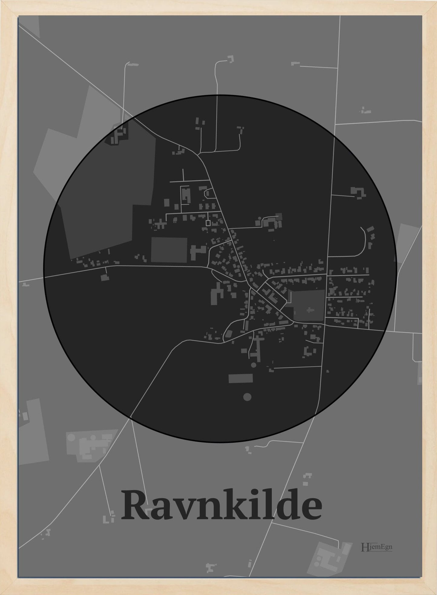 Ravnkilde plakat i farve mørk grå og HjemEgn.dk design centrum. Design bykort for Ravnkilde