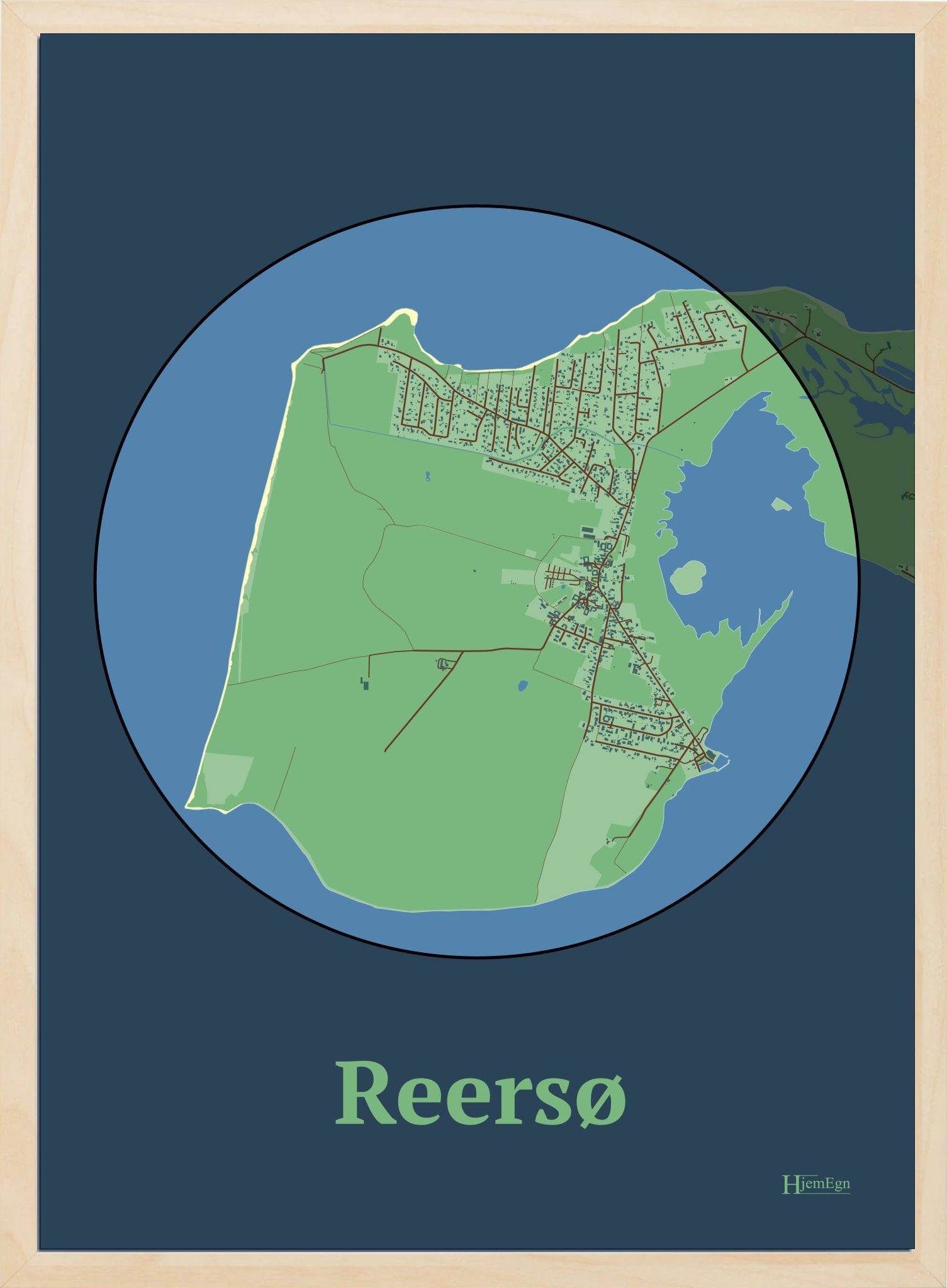 Reersø plakat i farve pastel grøn og HjemEgn.dk design centrum. Design bykort for Reersø