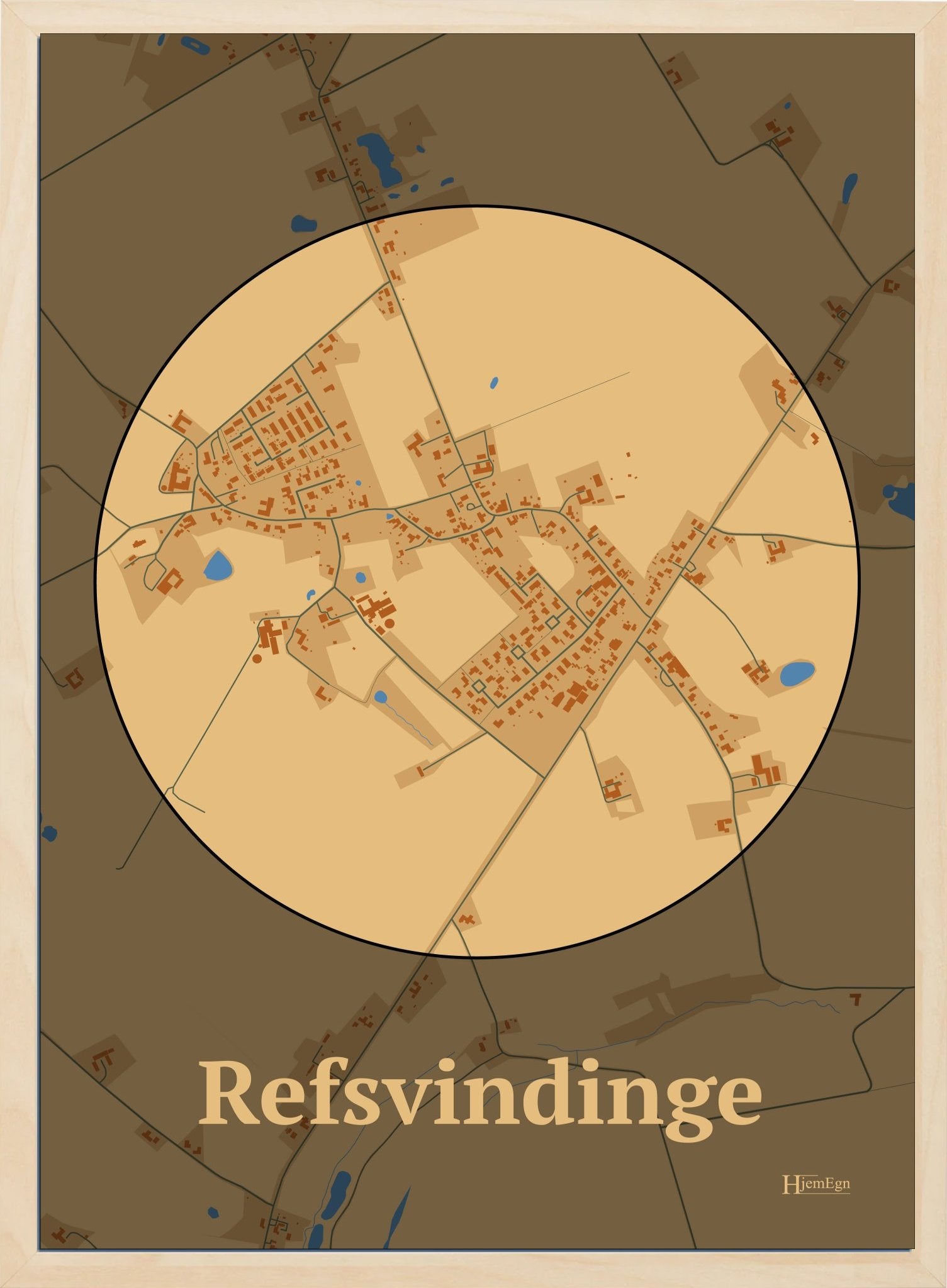 Refsvindinge plakat i farve pastel brun og HjemEgn.dk design centrum. Design bykort for Refsvindinge