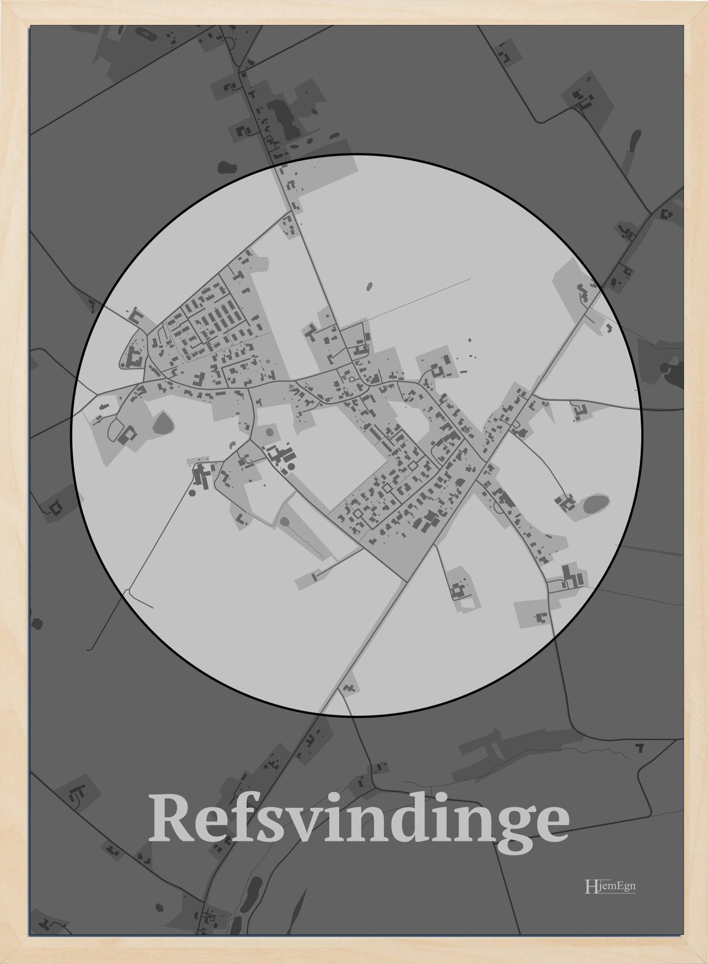 Refsvindinge plakat i farve pastel grå og HjemEgn.dk design centrum. Design bykort for Refsvindinge