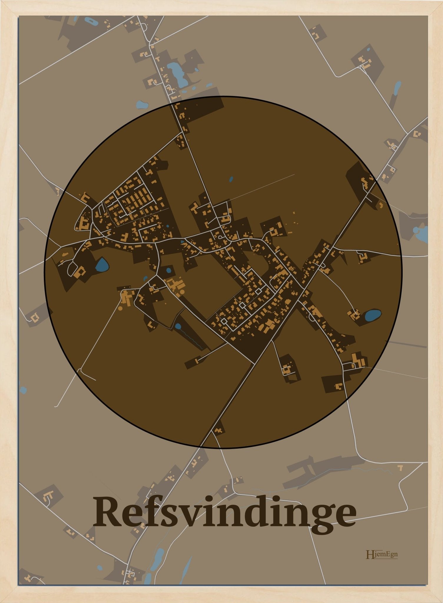 Refsvindinge plakat i farve mørk brun og HjemEgn.dk design centrum. Design bykort for Refsvindinge