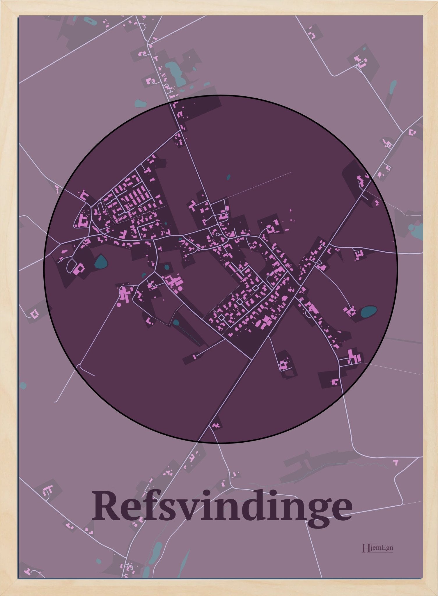 Refsvindinge plakat i farve mørk rød og HjemEgn.dk design centrum. Design bykort for Refsvindinge