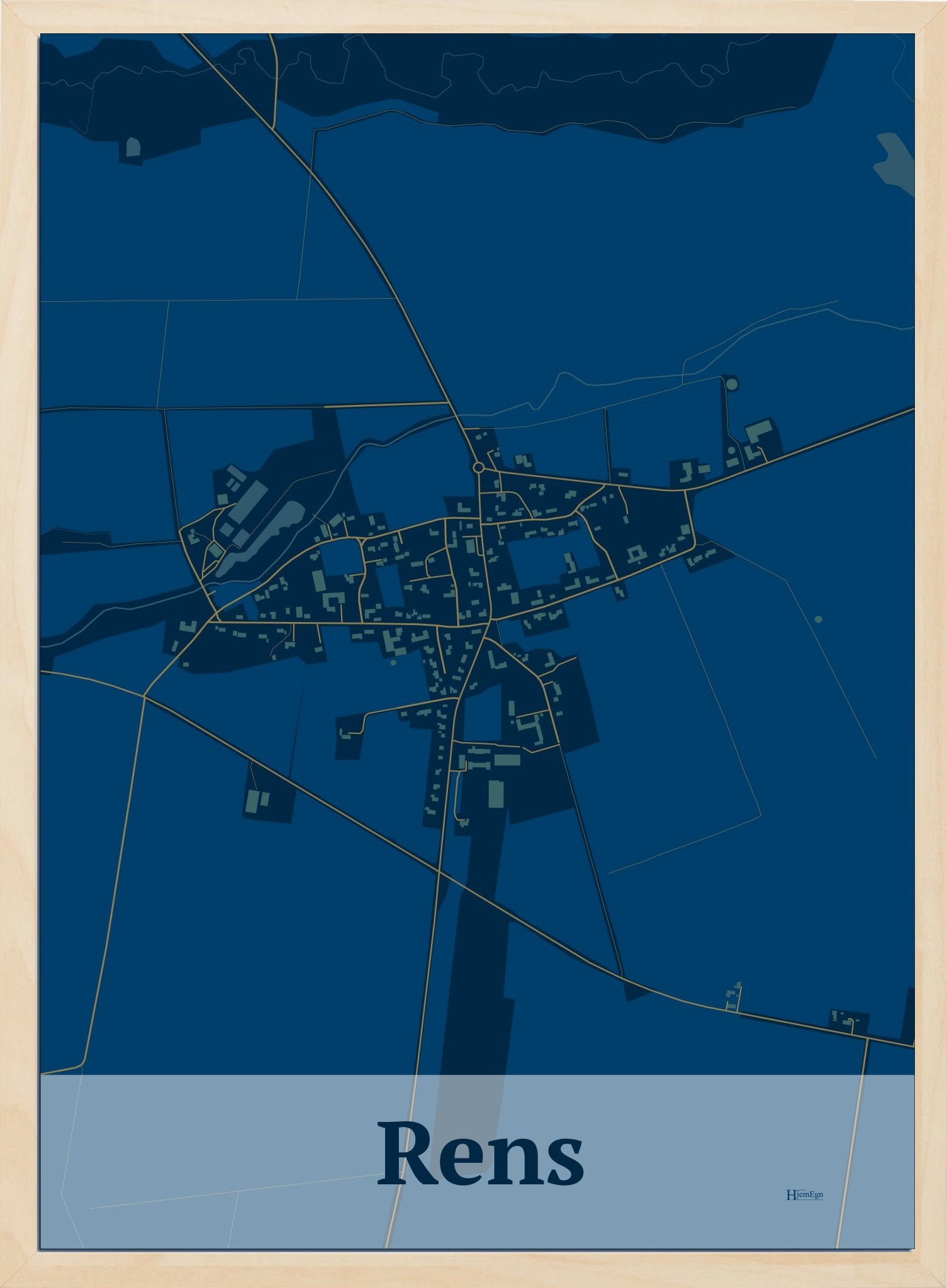 Rens plakat i farve mørk blå og HjemEgn.dk design firkantet. Design bykort for Rens