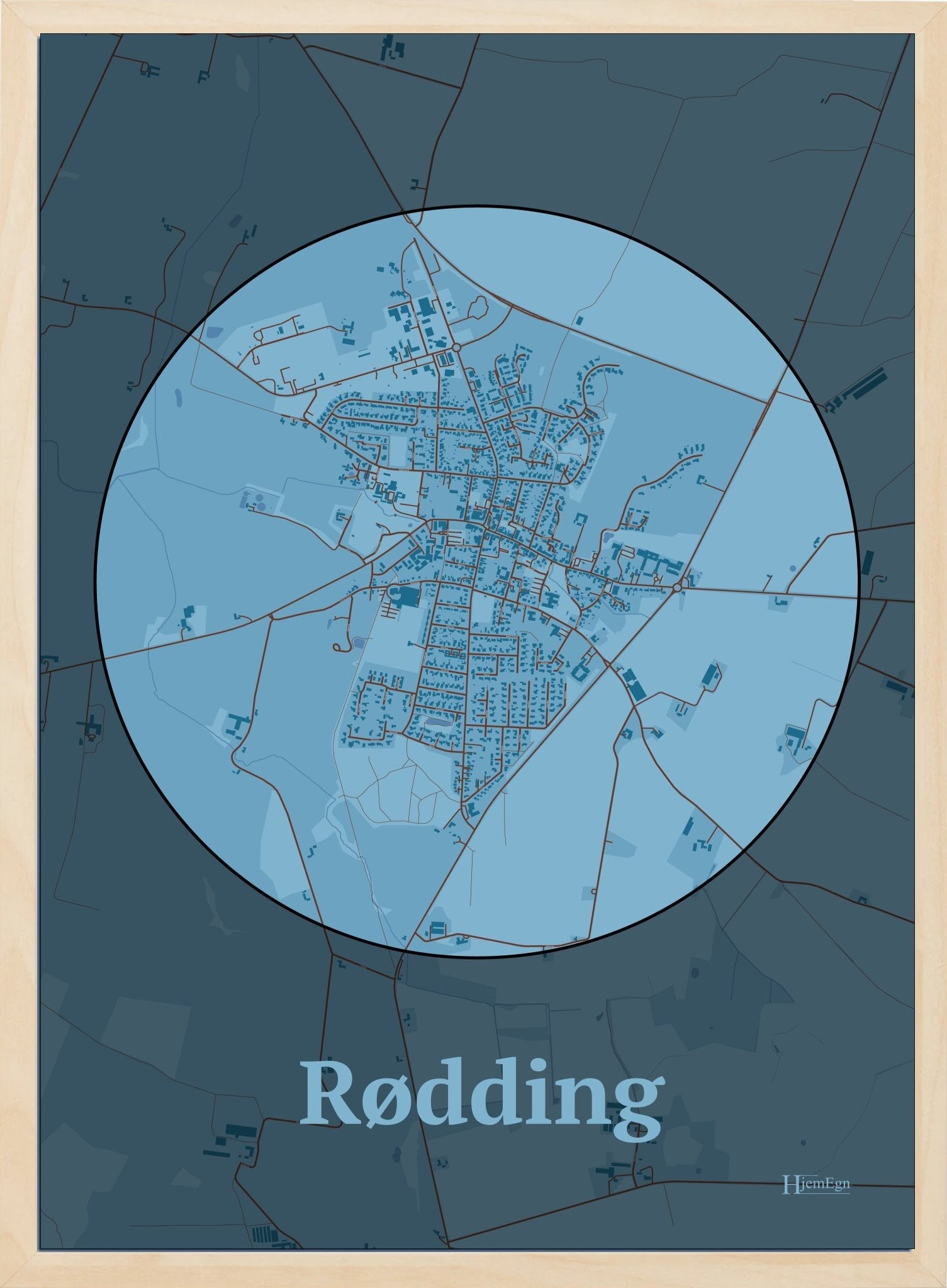 Rødding plakat i farve pastel blå og HjemEgn.dk design centrum. Design bykort for Rødding