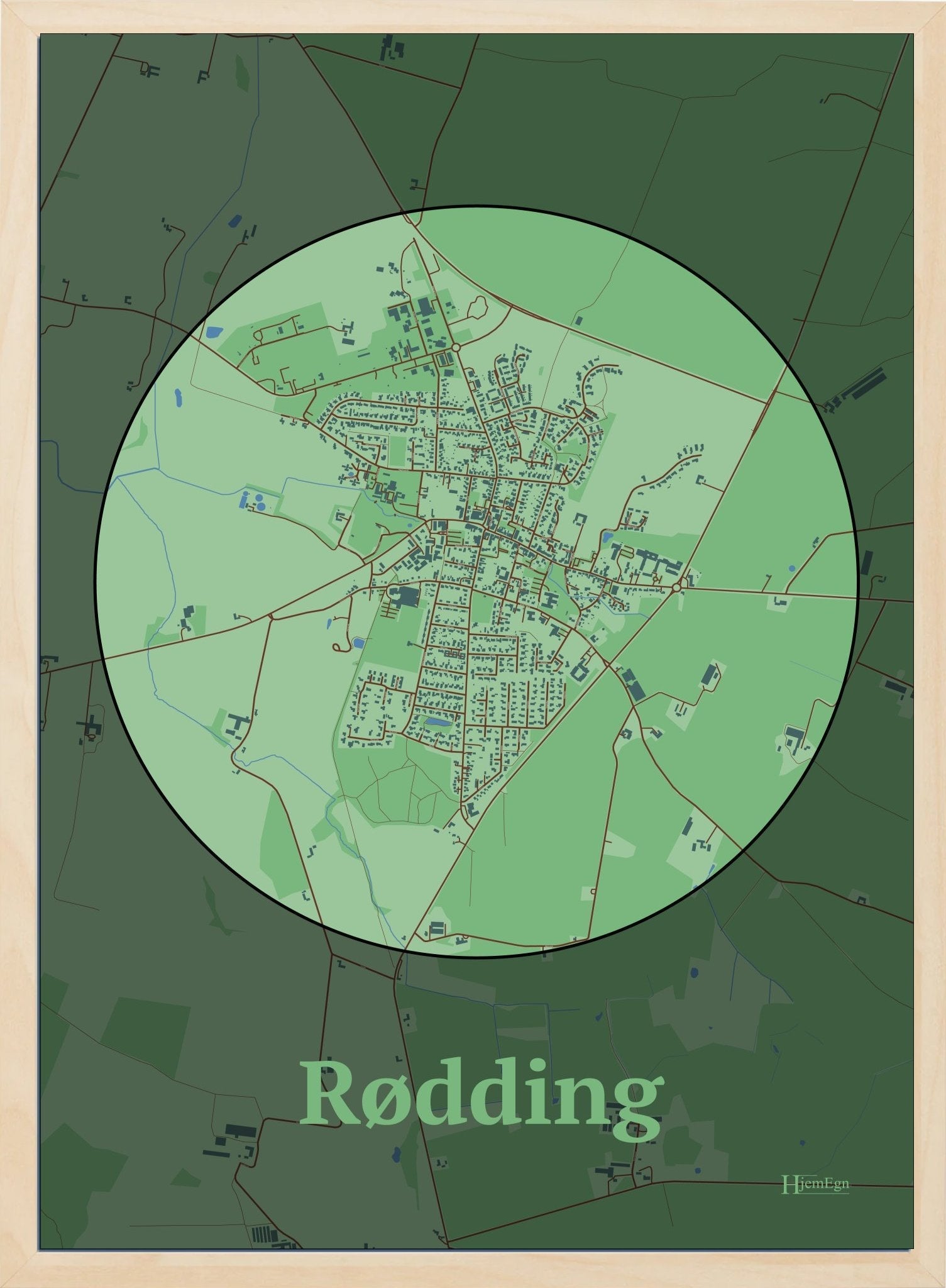 Rødding plakat i farve pastel grøn og HjemEgn.dk design centrum. Design bykort for Rødding