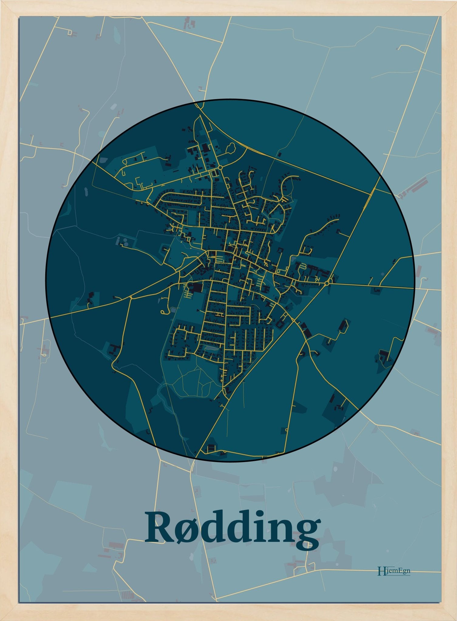 Rødding plakat i farve mørk blå og HjemEgn.dk design centrum. Design bykort for Rødding